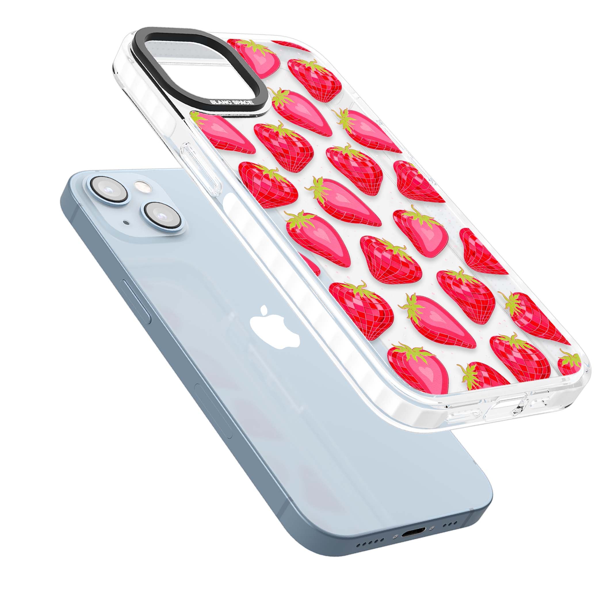 Disco Strawberry Y2K iPhone case featuring pink disco-ball strawberries, green leaves and tiny sparkles | Clear Impact case for iPhone 13, iPhone 14, iPhone 15