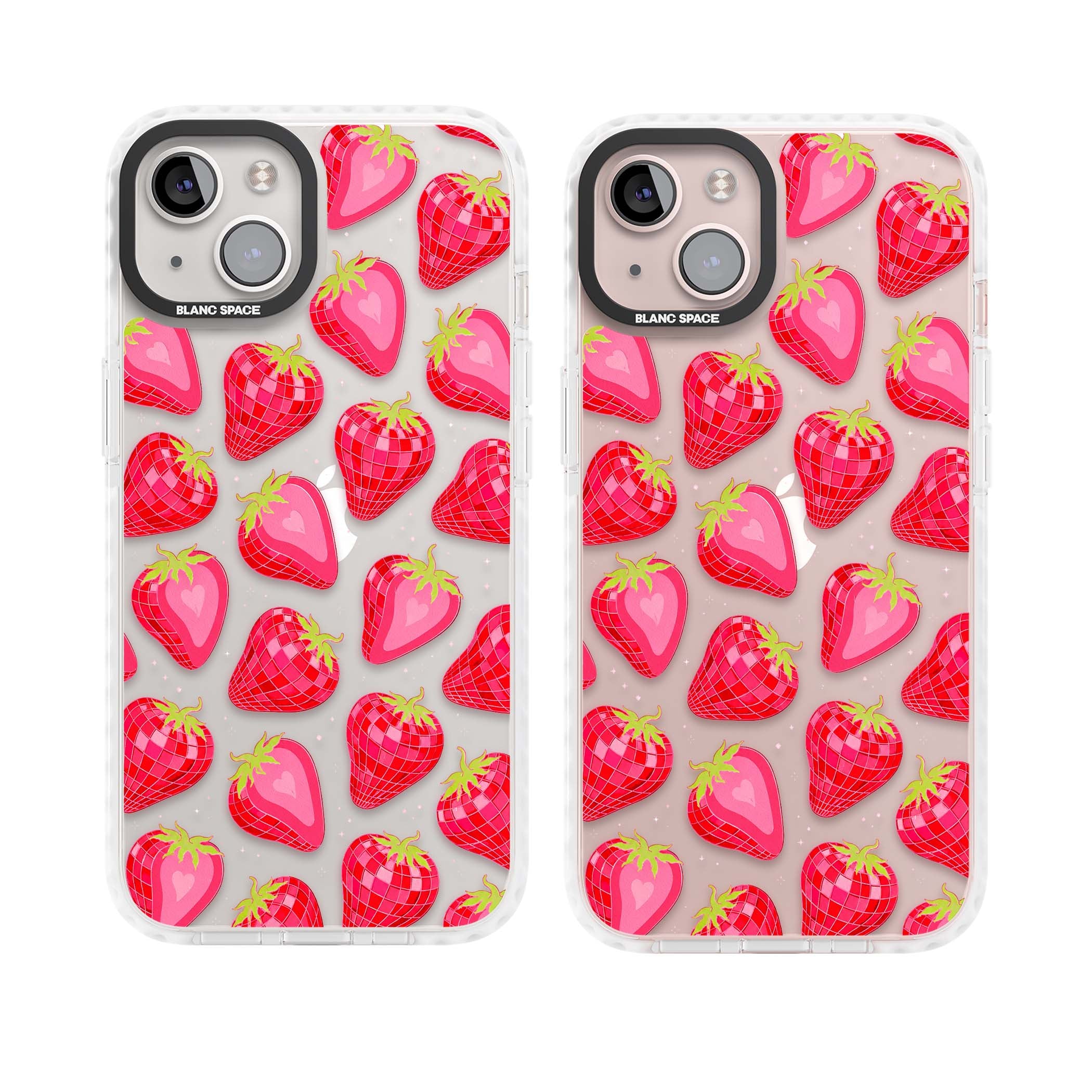Disco Strawberry Y2K iPhone case featuring pink disco-ball strawberries, green leaves and tiny sparkles | Clear Impact case for iPhone 13, iPhone 14, iPhone 15