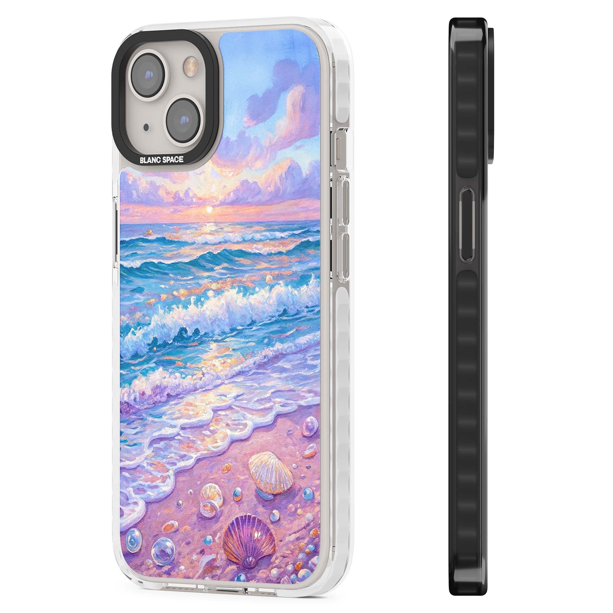 Pearl Shore coastal iPhone case featuring pastel painted waves, seashells, and a sunrise sky over a lavender beach. | Clear Impact case for iPhone 13, iPhone 14, iPhone 15