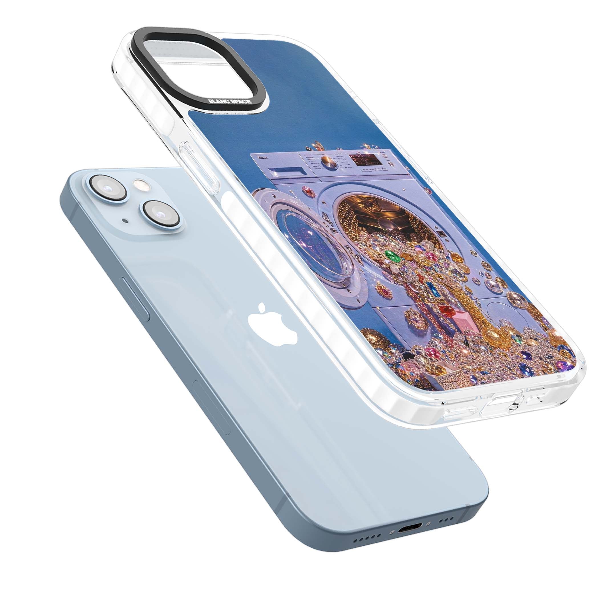 Gem Laundry baddie iPhone case featuring a surreal washing machine overflowing with colourful gemstones and crystals | Clear Impact case for iPhone 13, iPhone 14, iPhone 15