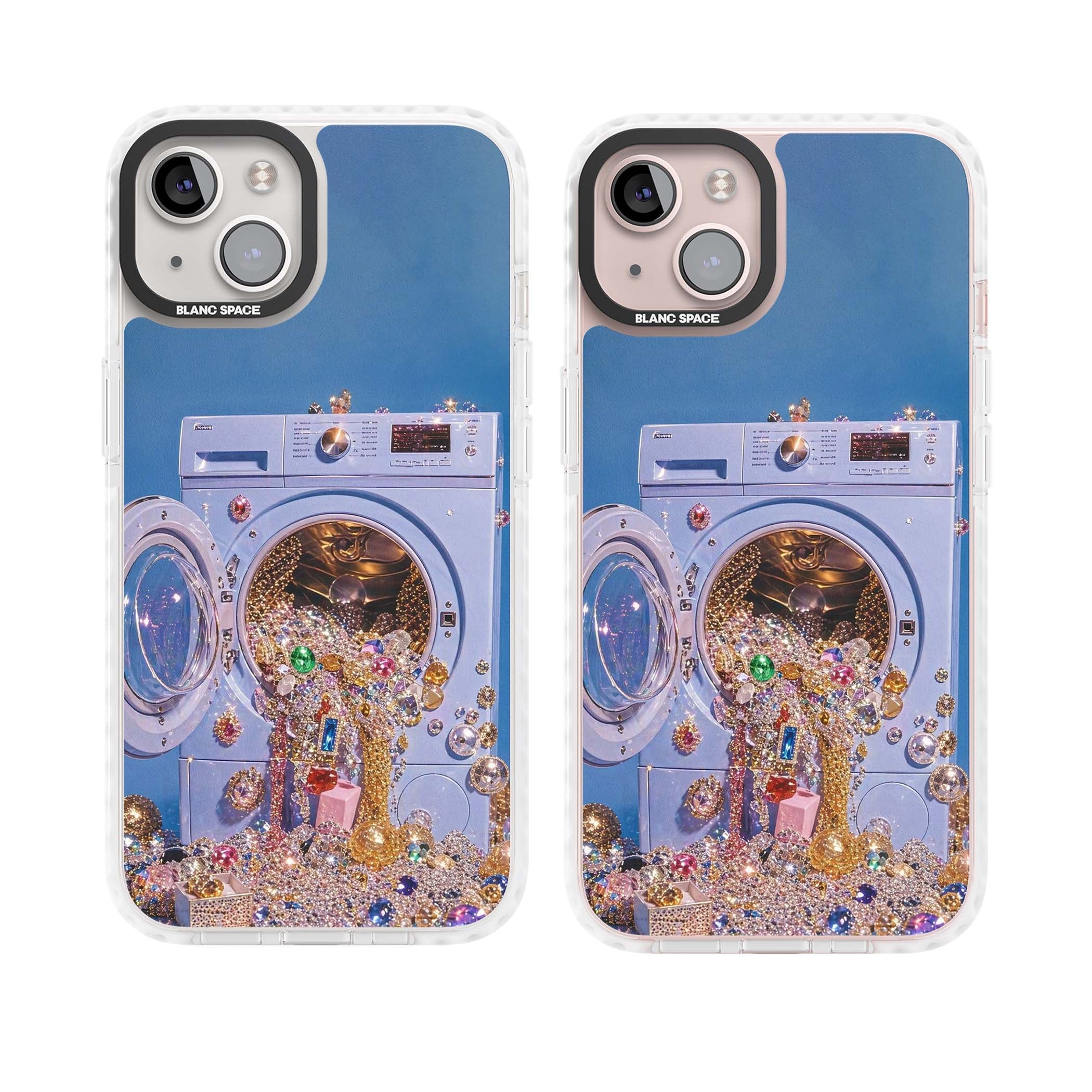 Gem Laundry baddie iPhone case featuring a surreal washing machine overflowing with colourful gemstones and crystals | Clear Impact case for iPhone 13, iPhone 14, iPhone 15