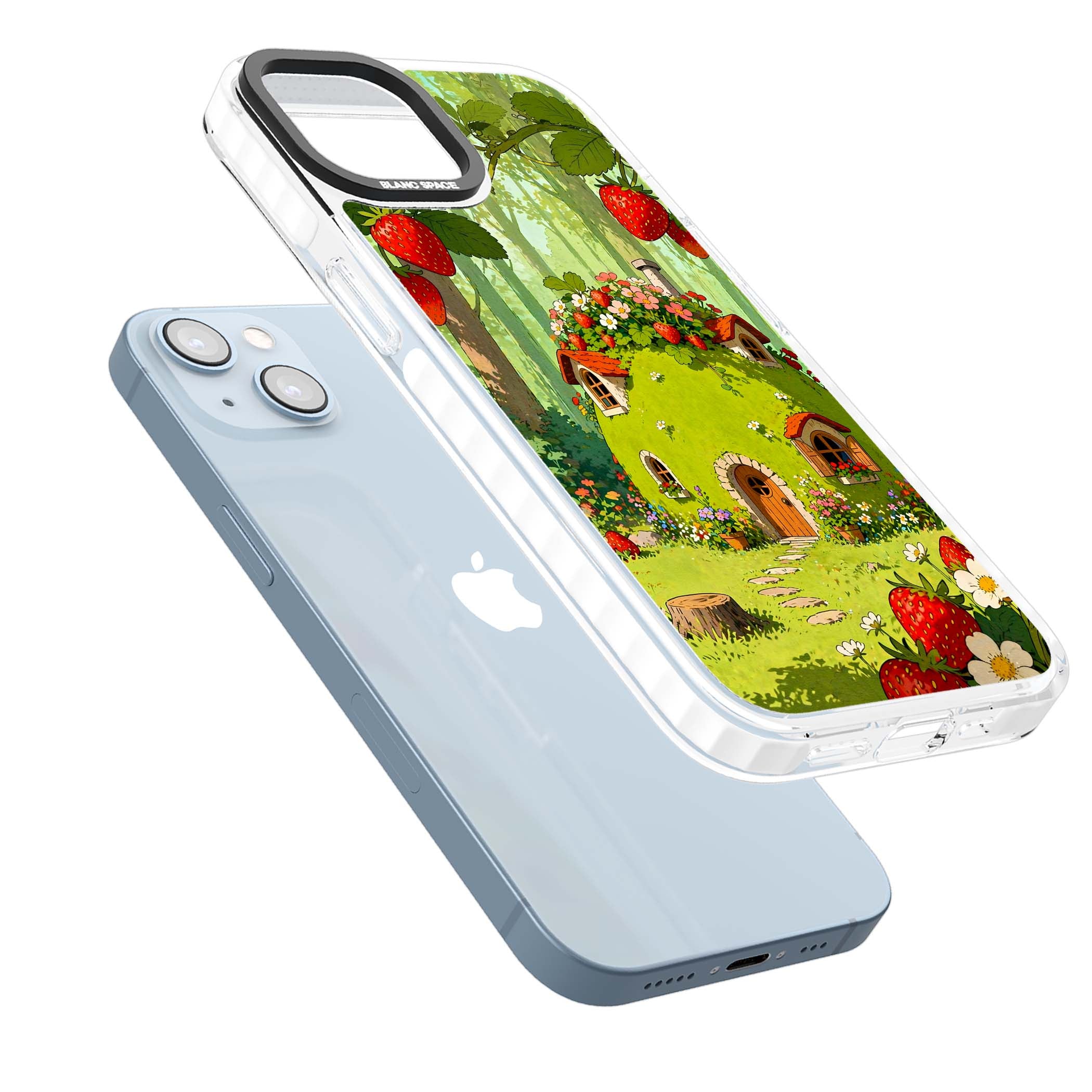 Strawberry Cottage cottagecore iPhone case featuring a green fairy house, wild strawberries and enchanted forest flowers | Clear Impact case for iPhone 13, iPhone 14, iPhone 15