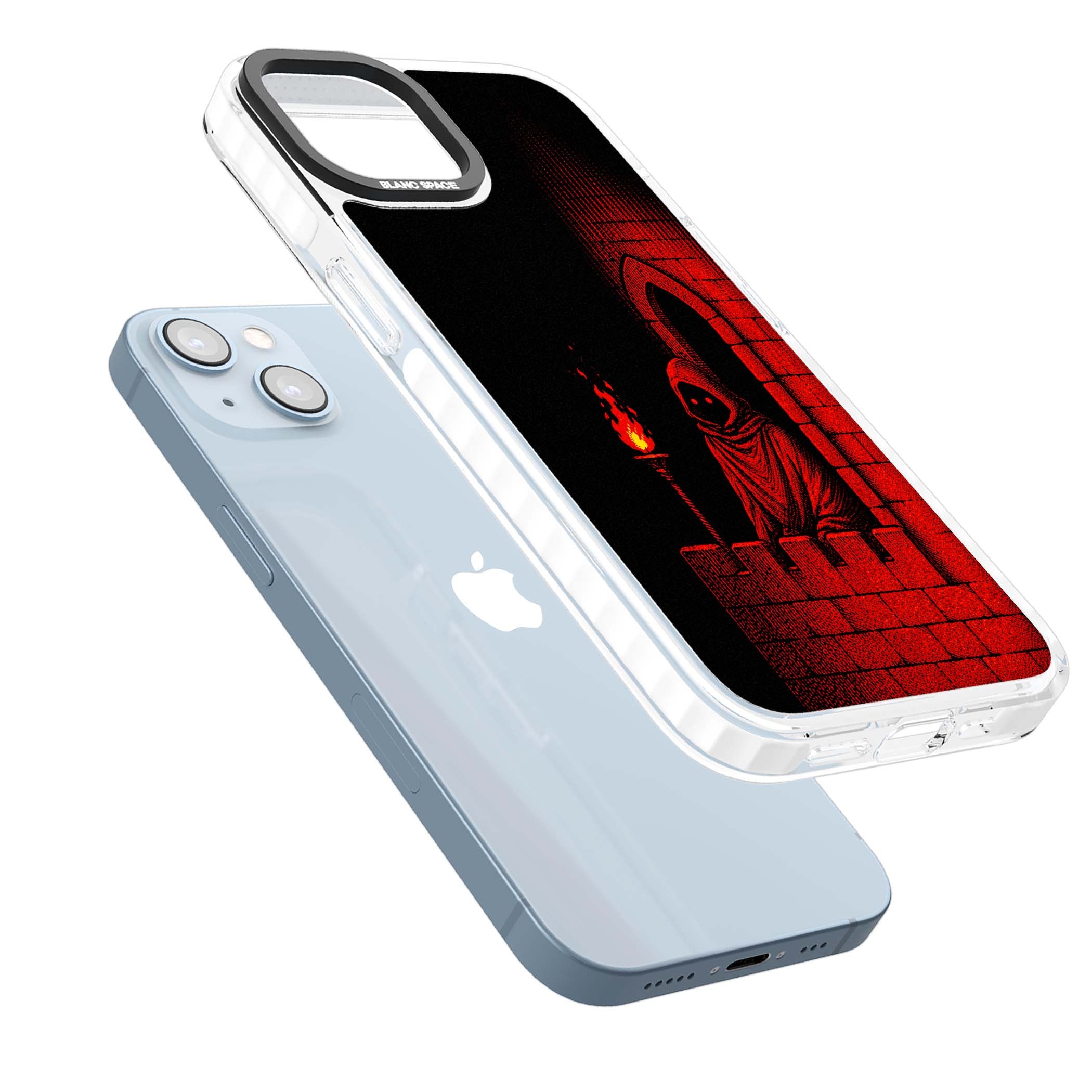Crimson Crypt gothic iPhone case featuring a hooded reaper, torchlit crypt archway and red halftone horror art | Clear Impact case for iPhone 13, iPhone 14, iPhone 15