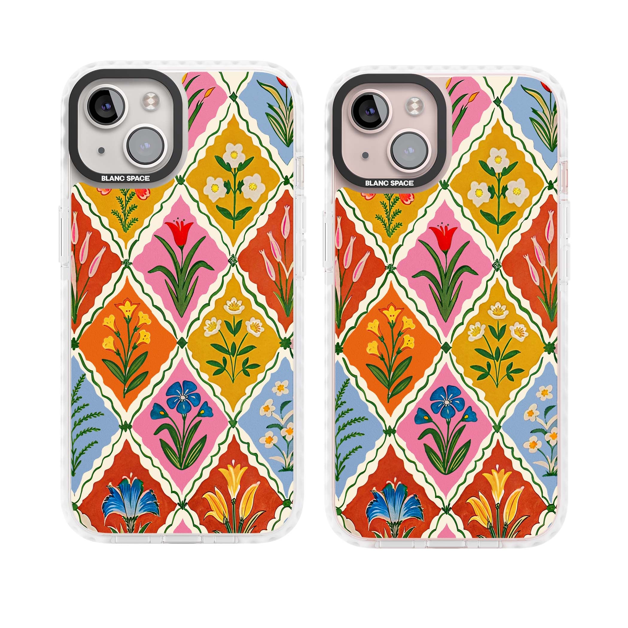 Floral Quilt boho floral iPhone case featuring diamond lattice pattern, hand-painted tulips and folk art wildflowers | Clear Impact case for iPhone 13, iPhone 14, iPhone 15