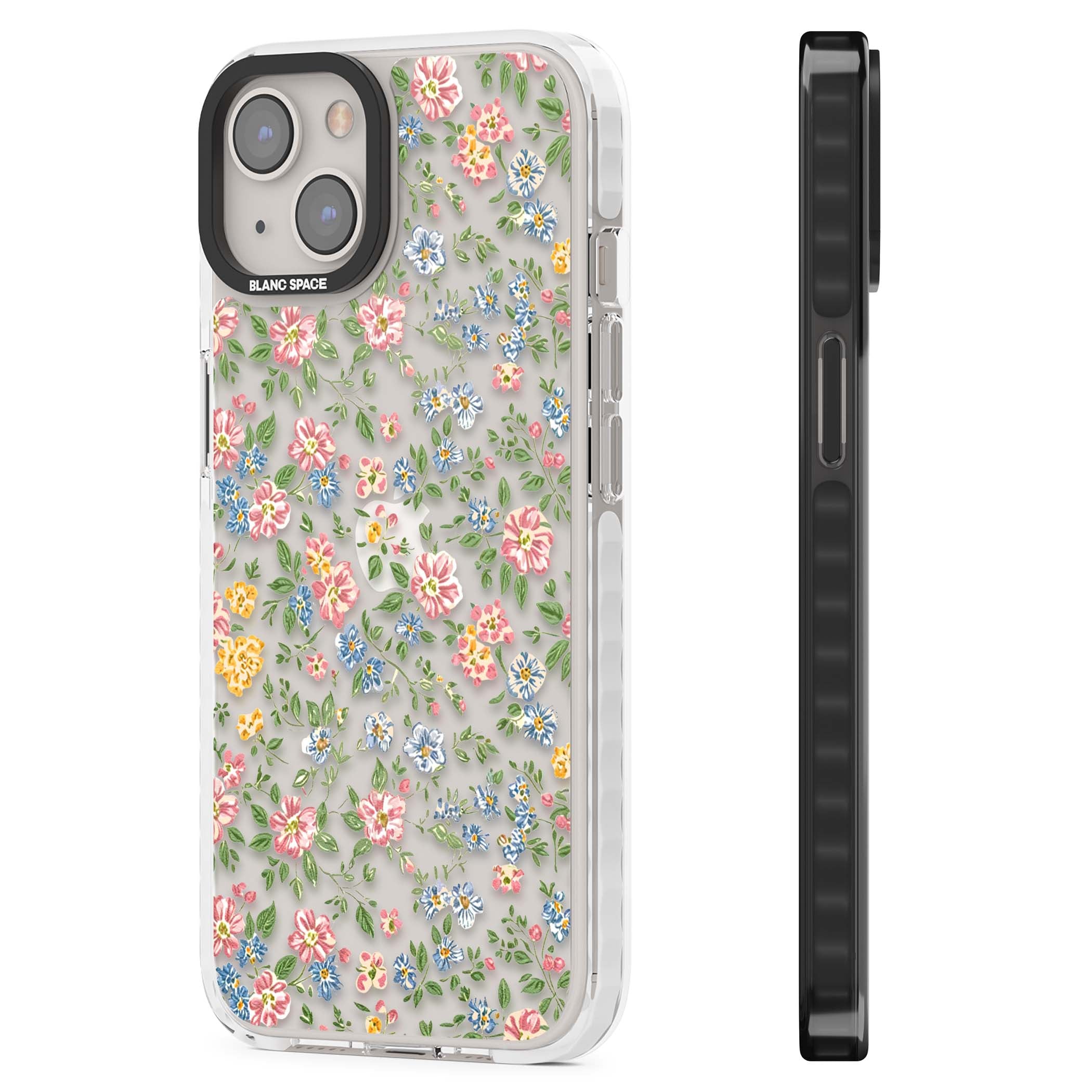 Soft Meadow cottagecore iPhone case featuring pink cosmos, blue forget-me-nots, yellow buttercups and green leaves sca | Clear Impact case for iPhone 13, iPhone 14, iPhone 15