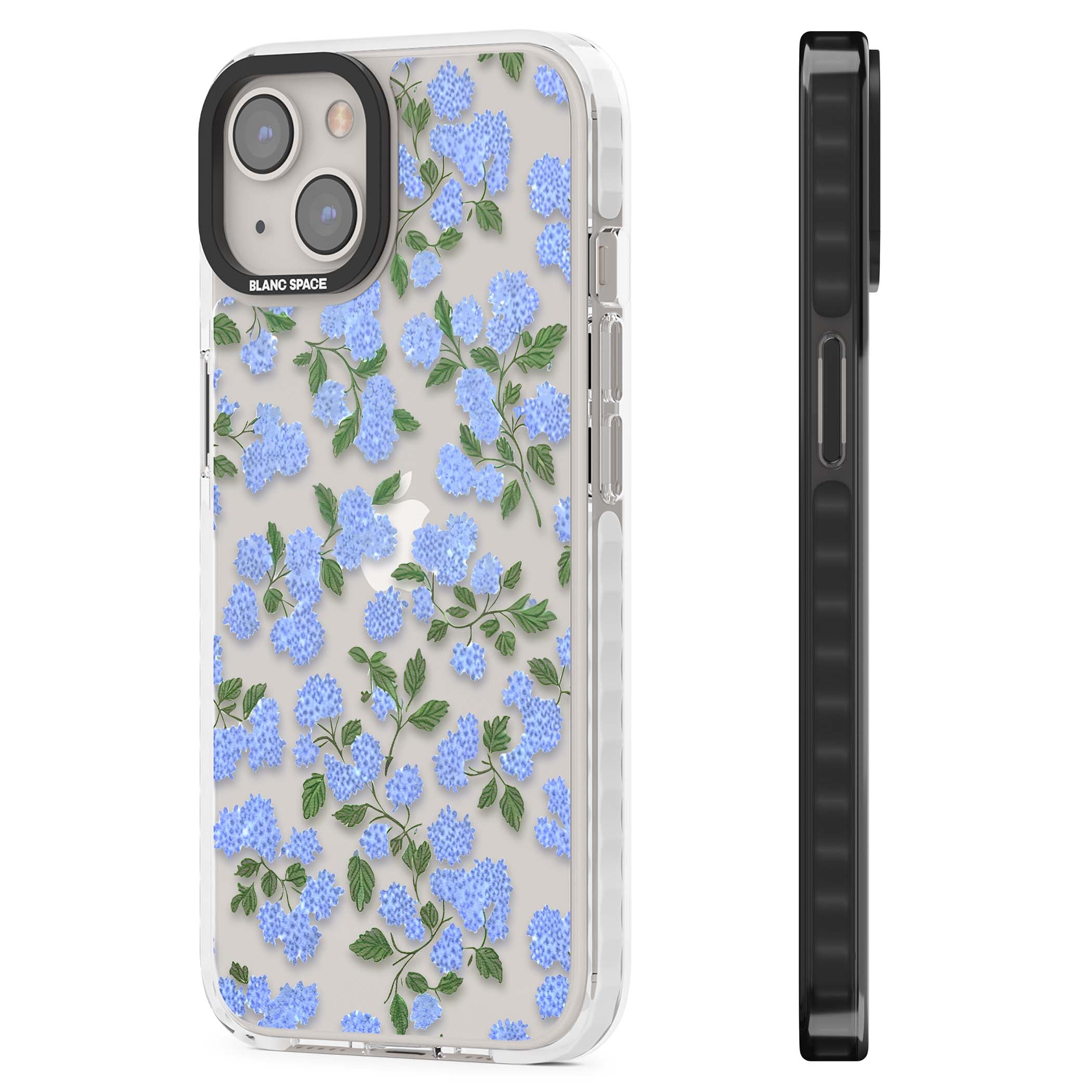 Hydrangea Dreams cottagecore iPhone case featuring soft blue hydrangea flower clusters and green leaves | Clear Impact case for iPhone 13, iPhone 14, iPhone 15
