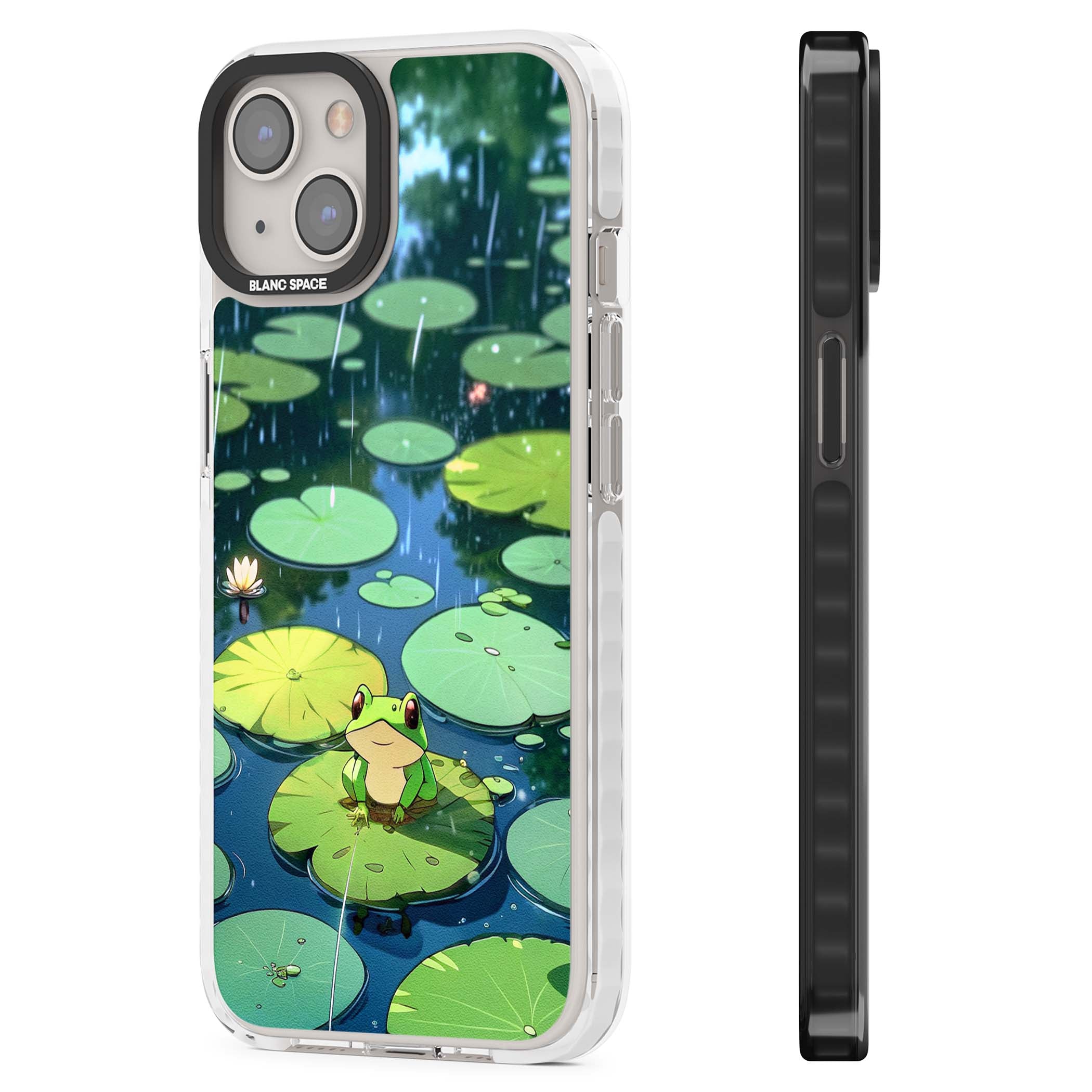 Frog In Lily Pond cottagecore iPhone case featuring a cute green frog on a lily pad with falling rain and a lotus flower | Clear Impact case for iPhone 13, iPhone 14, iPhone 15