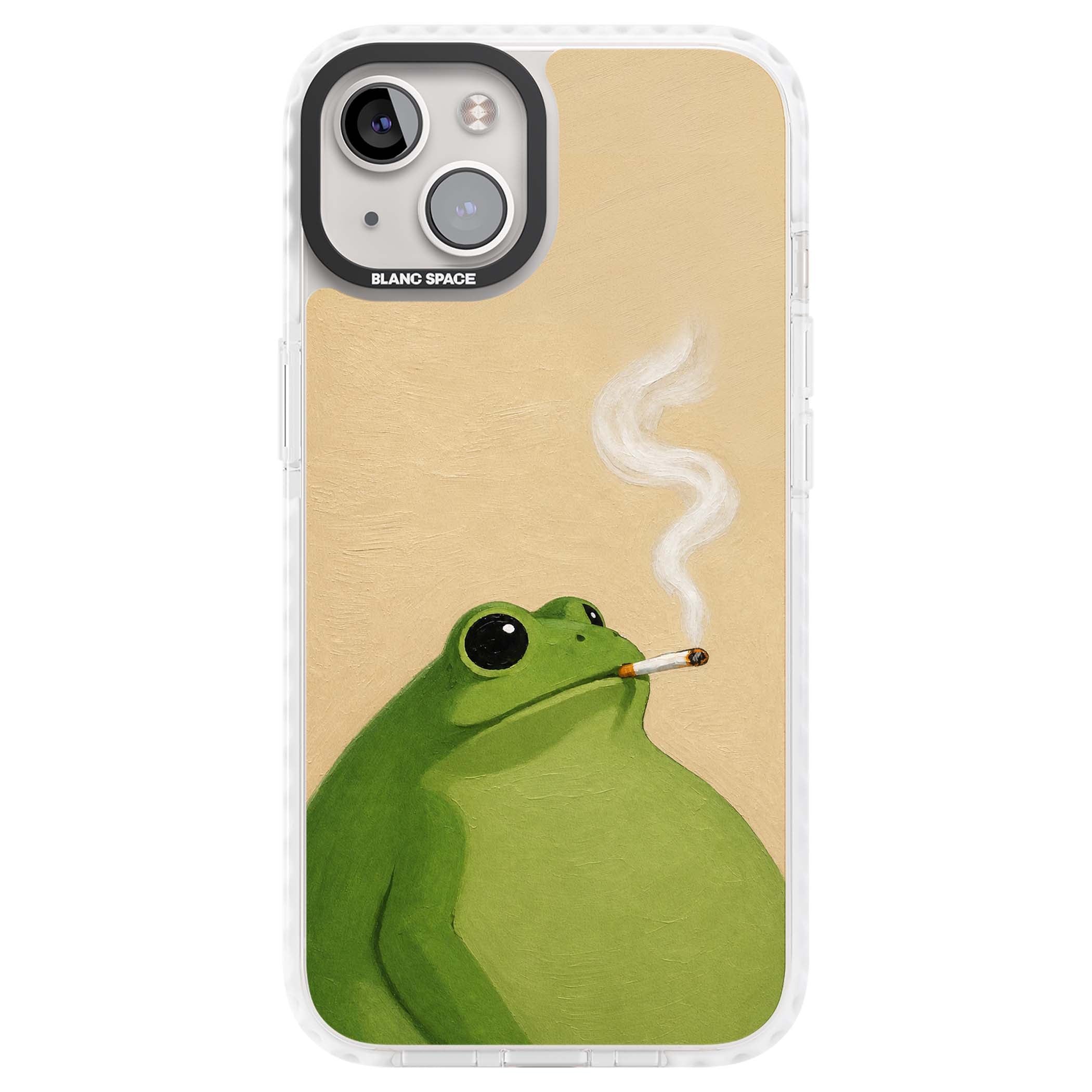The Smoking Frog cottagecore iPhone case featuring a hand-painted green frog smoking a cigarette on a cream oil painting back | Clear Impact case for iPhone 13, iPhone 14, iPhone 15