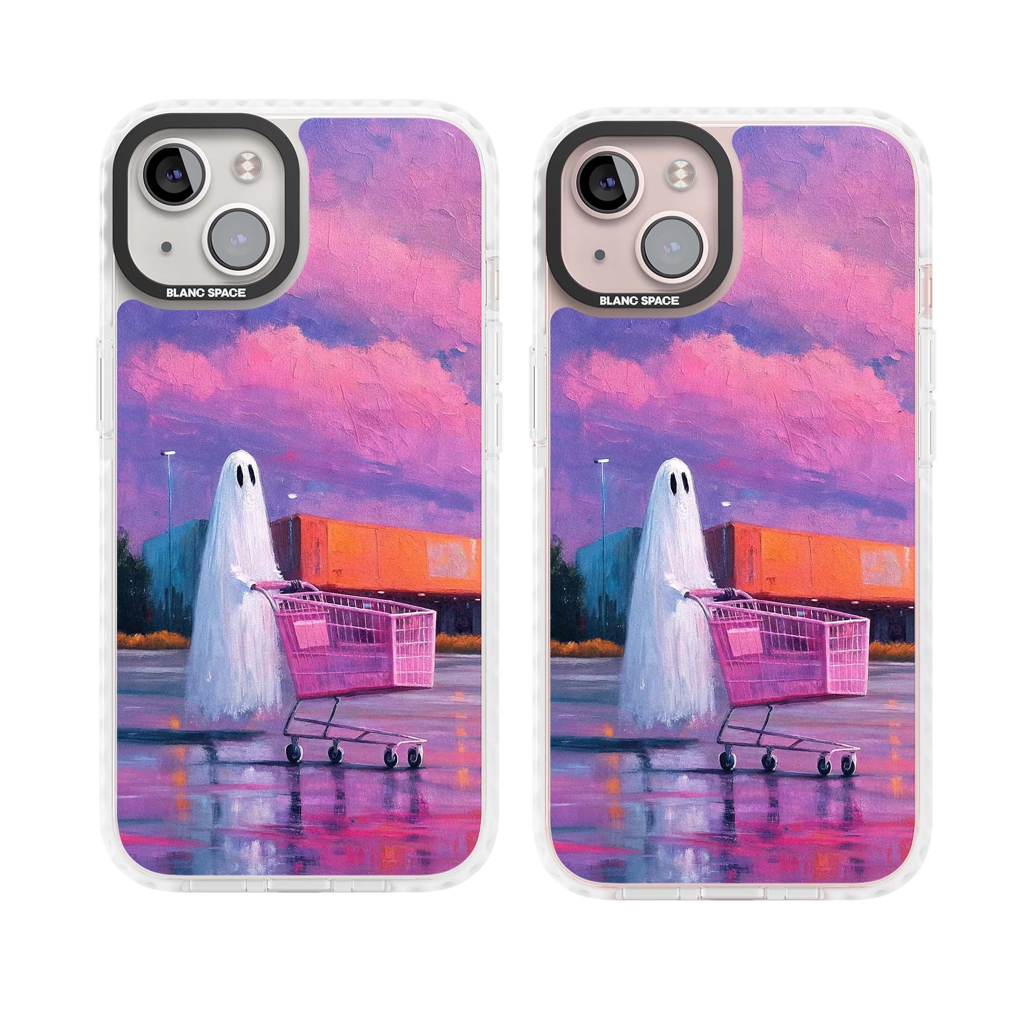 A Ghost's Errand ghost halloween iPhone case featuring a painted ghost, pink shopping trolley and purple sunset sky | Clear Impact case for iPhone 13, iPhone 14, iPhone 15