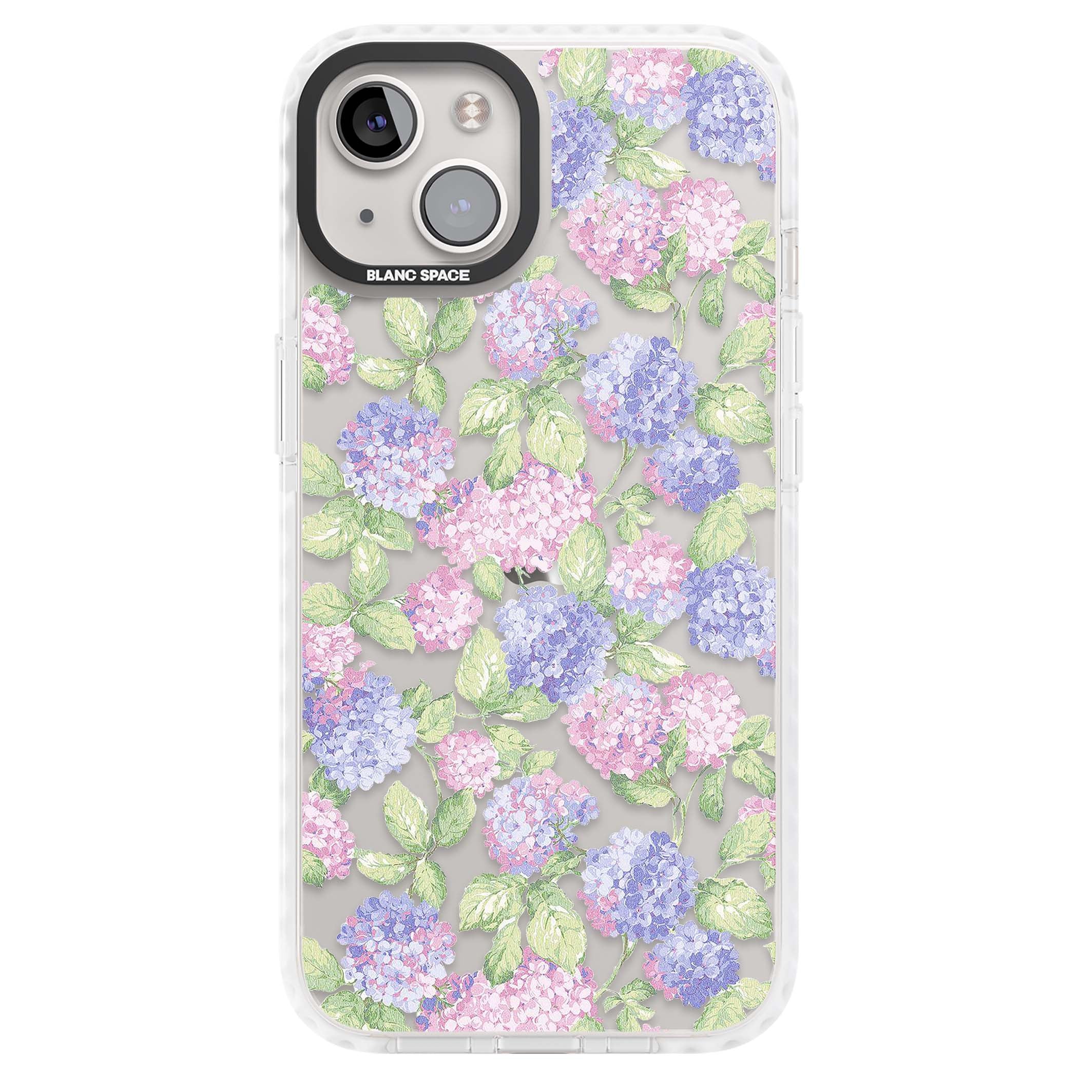 Cottage Hydrangea cottagecore iPhone case featuring pink and purple hydrangea blooms with green leaves on a clear background | Clear Impact case for iPhone 13, iPhone 14, iPhone 15