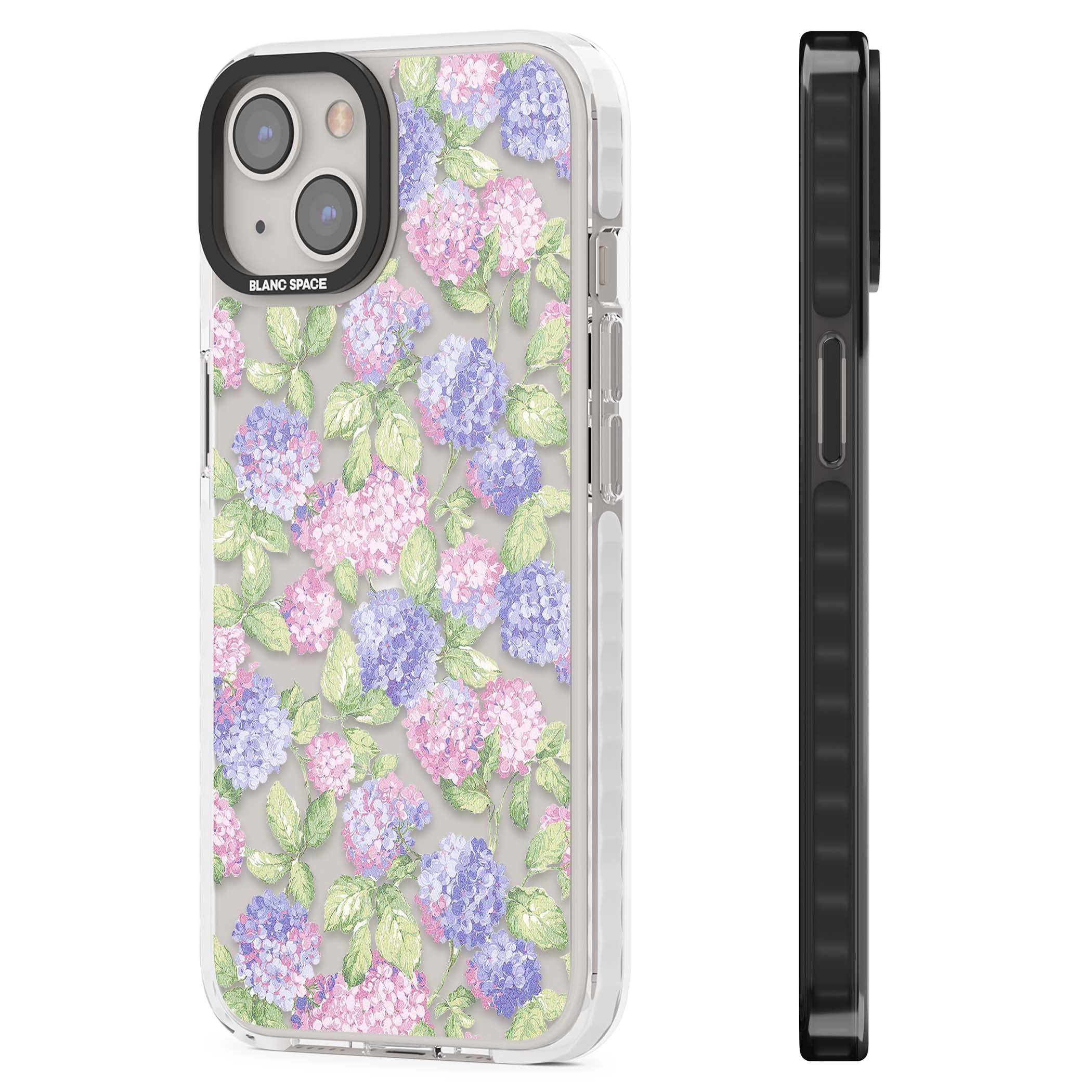 Cottage Hydrangea cottagecore iPhone case featuring pink and purple hydrangea blooms with green leaves on a clear background | Clear Impact case for iPhone 13, iPhone 14, iPhone 15
