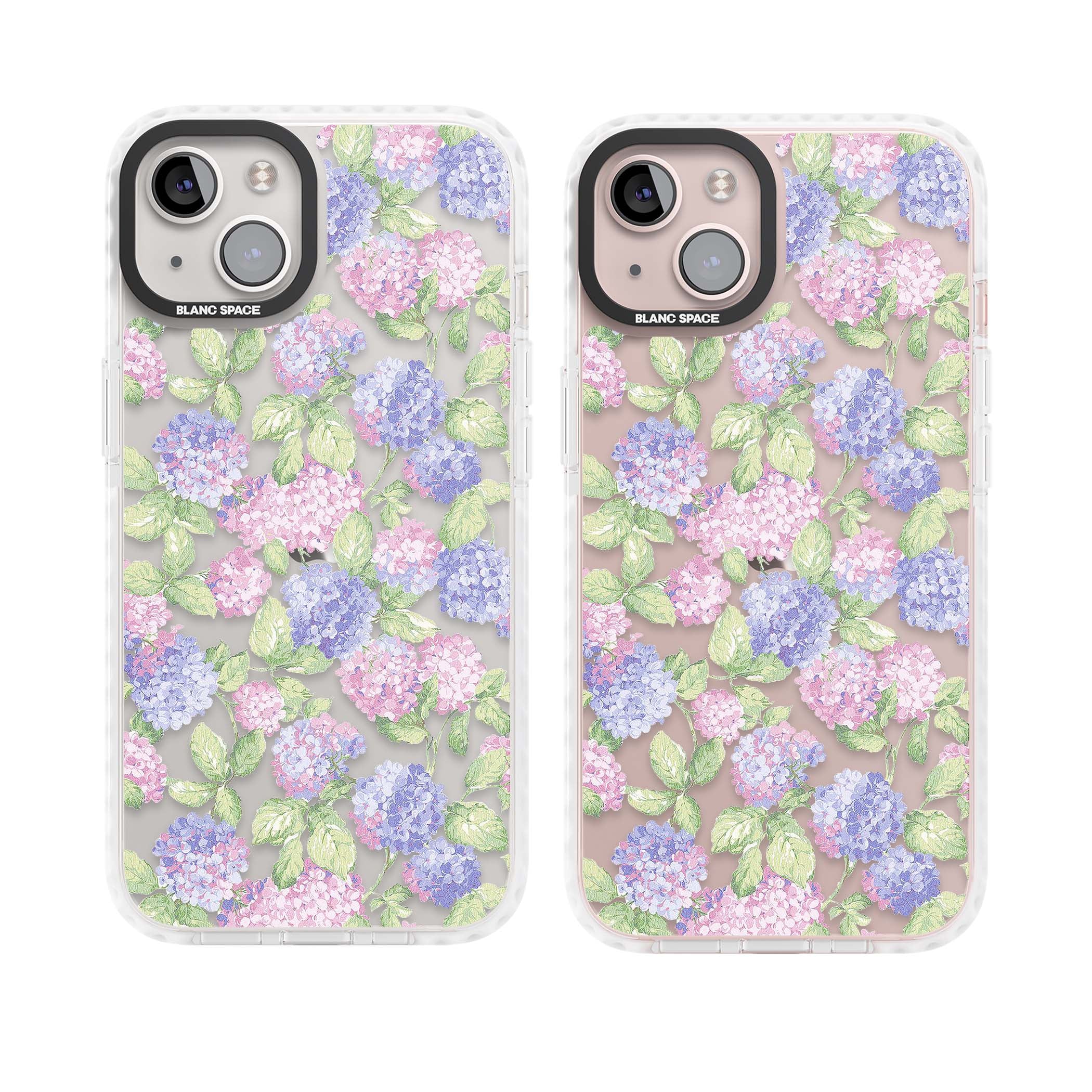 Cottage Hydrangea cottagecore iPhone case featuring pink and purple hydrangea blooms with green leaves on a clear background | Clear Impact case for iPhone 13, iPhone 14, iPhone 15