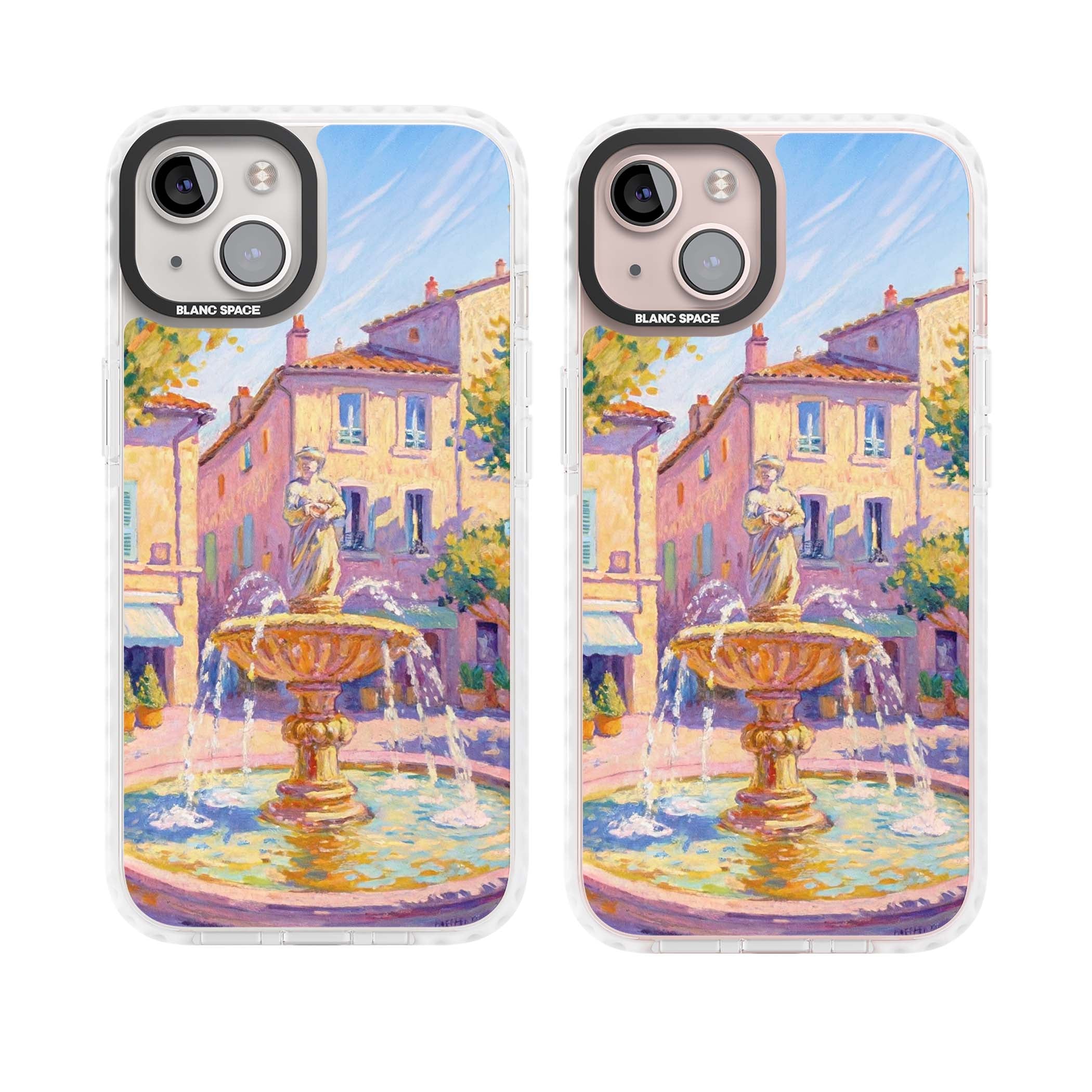 Fountain Square fine art iPhone case featuring an impressionist Provençal fountain, pastel village buildings and summe | Clear Impact case for iPhone 13, iPhone 14, iPhone 15