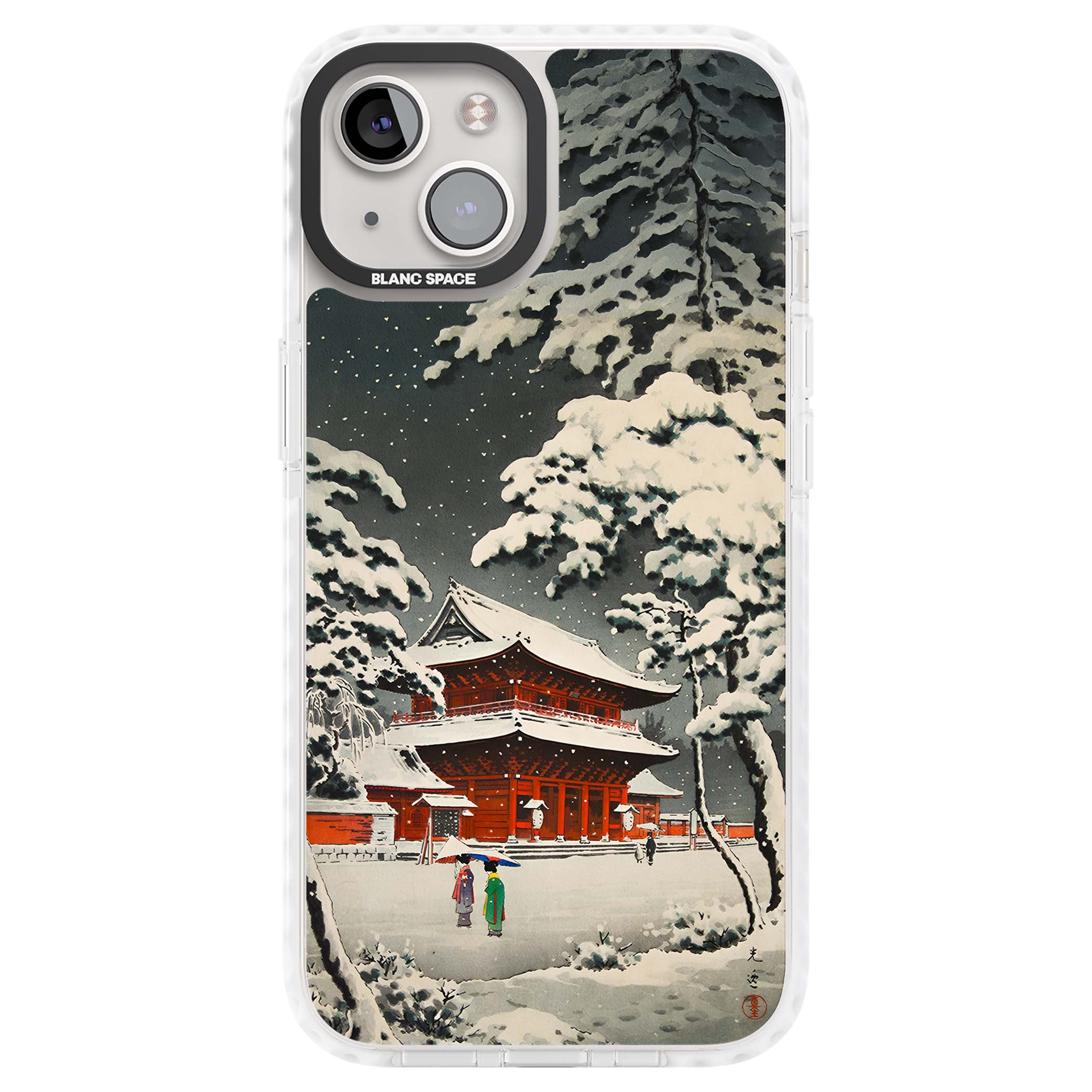 Snow at Shiha Park, Tokyo Japanese art iPhone case featuring a vintage ukiyo-e snowy temple, red pagoda, and snow-covered pin | Clear Impact case for iPhone 13, iPhone 14, iPhone 15