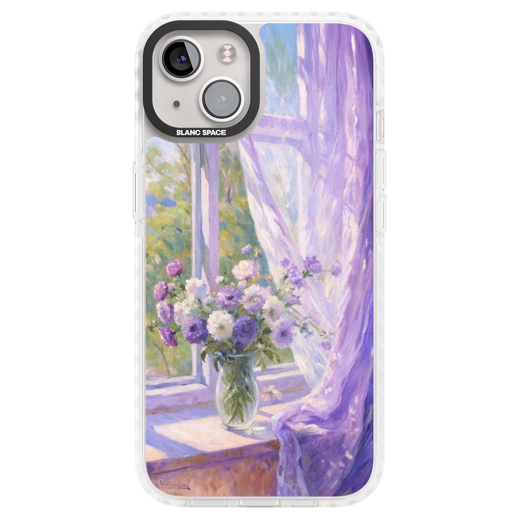 A Provence Morning impressionist art iPhone case featuring a vase of purple flowers, sunlit window and sheer curt | Clear Impact case for iPhone 13, iPhone 14, iPhone 15