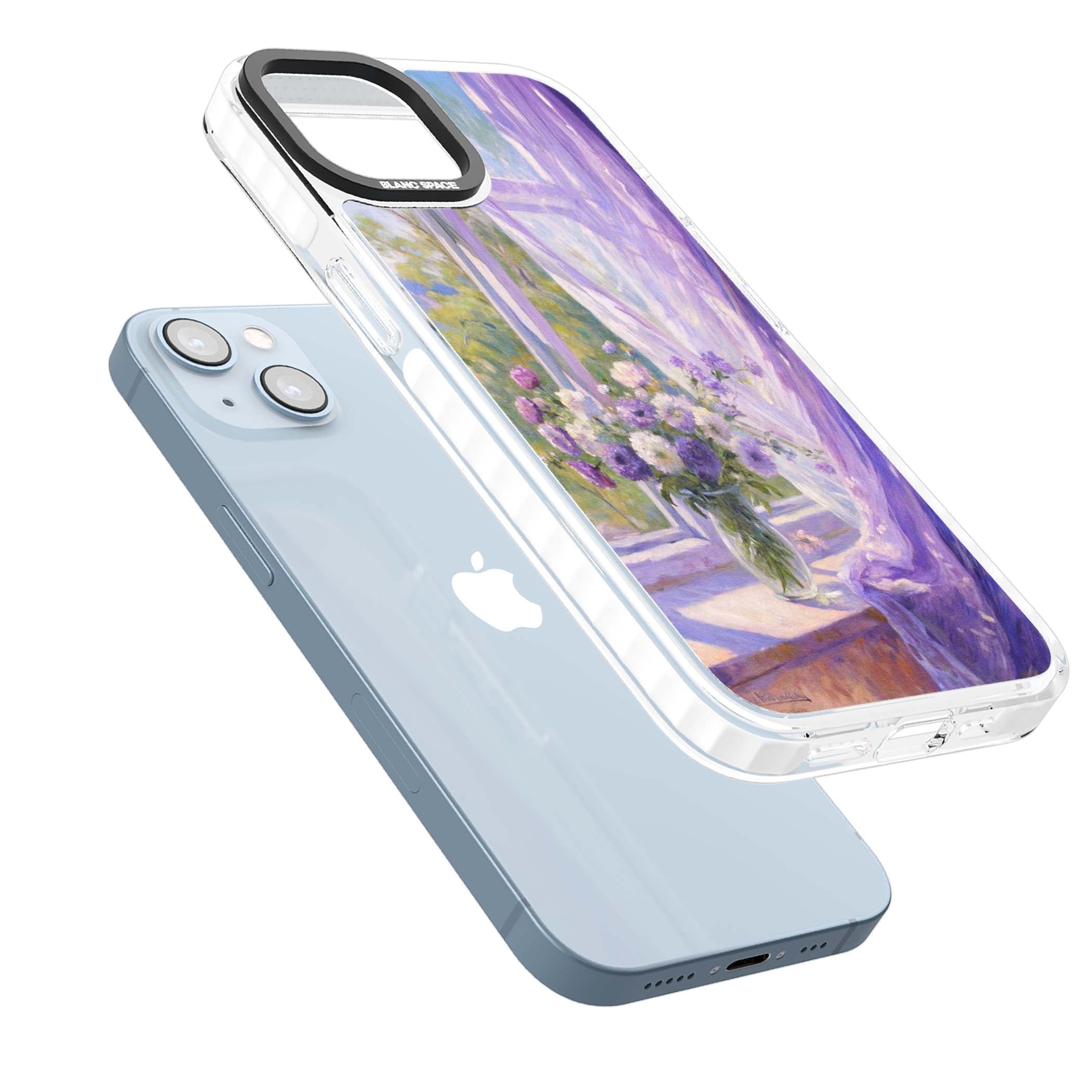 A Provence Morning impressionist art iPhone case featuring a vase of purple flowers, sunlit window and sheer curt | Clear Impact case for iPhone 13, iPhone 14, iPhone 15
