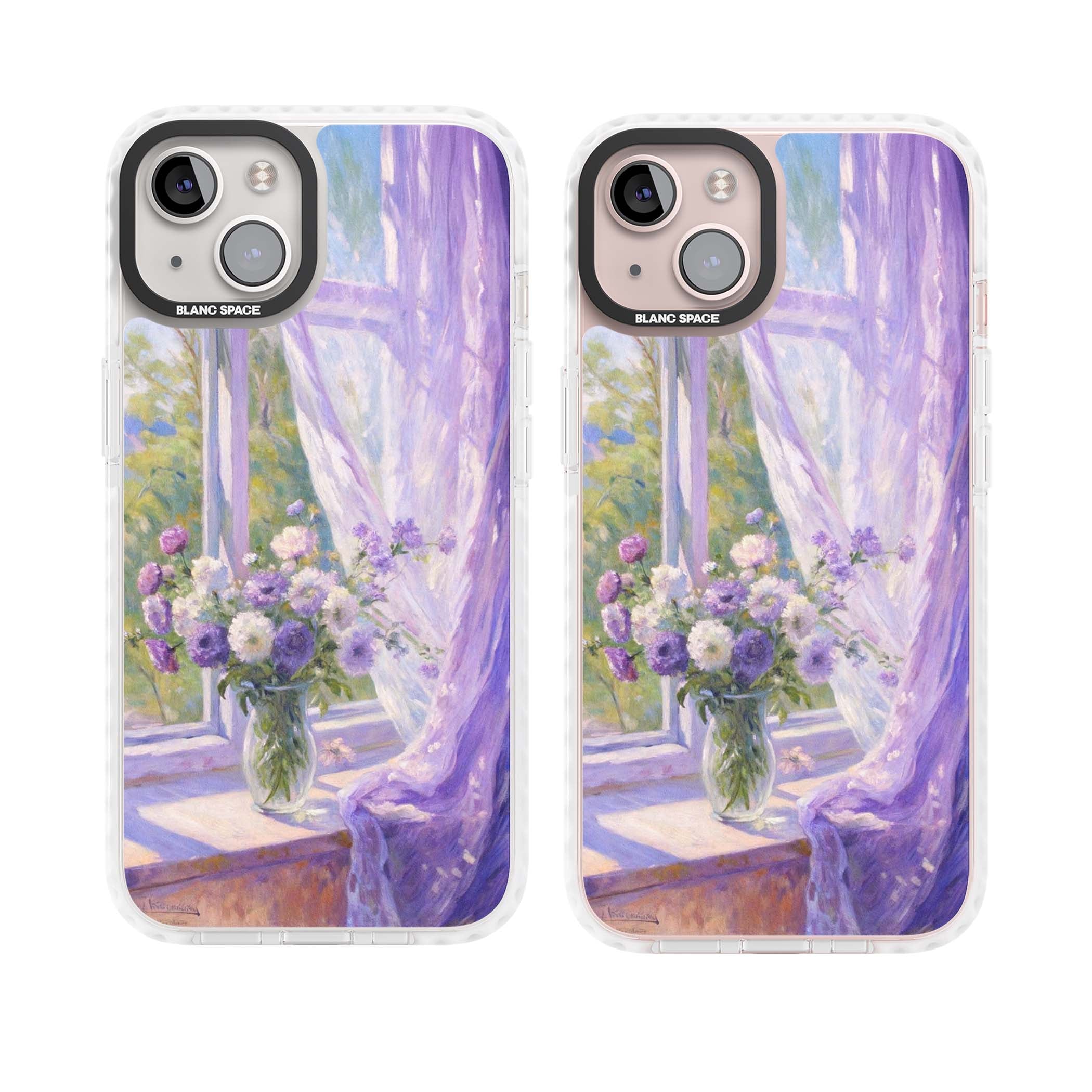 A Provence Morning impressionist art iPhone case featuring a vase of purple flowers, sunlit window and sheer curt | Clear Impact case for iPhone 13, iPhone 14, iPhone 15