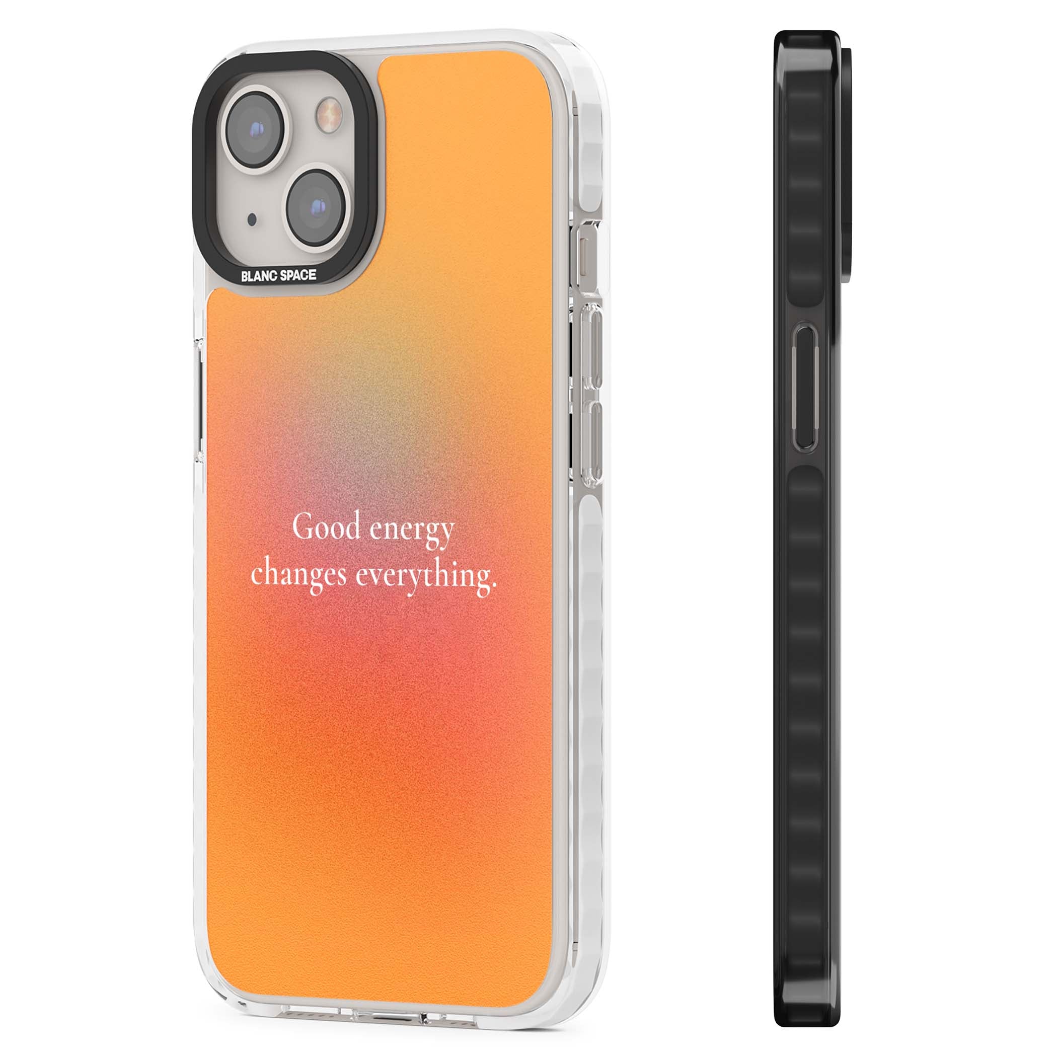 Good Energy quote iPhone case featuring an orange and pink aura gradient with white serif affirmation text | Impact Magsafe case for iPhone 13, iPhone 14, iPhone 15