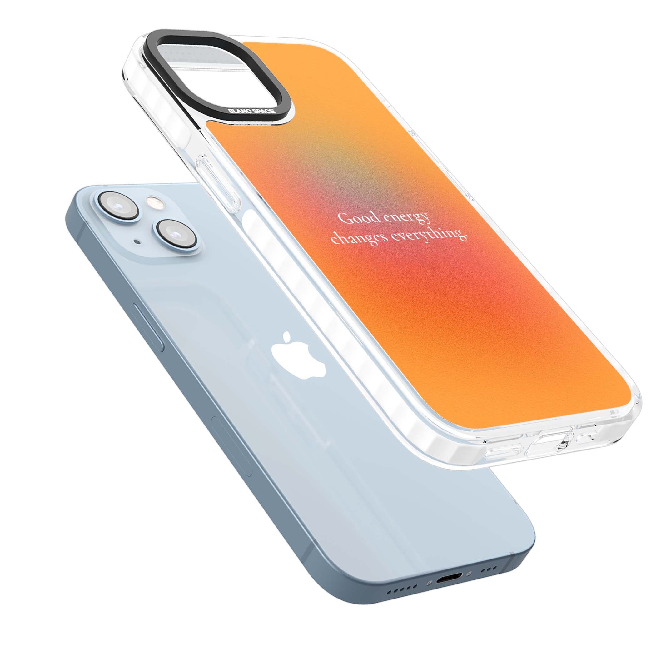 Good Energy quote iPhone case featuring an orange and pink aura gradient with white serif affirmation text | Impact Magsafe case for iPhone 13, iPhone 14, iPhone 15