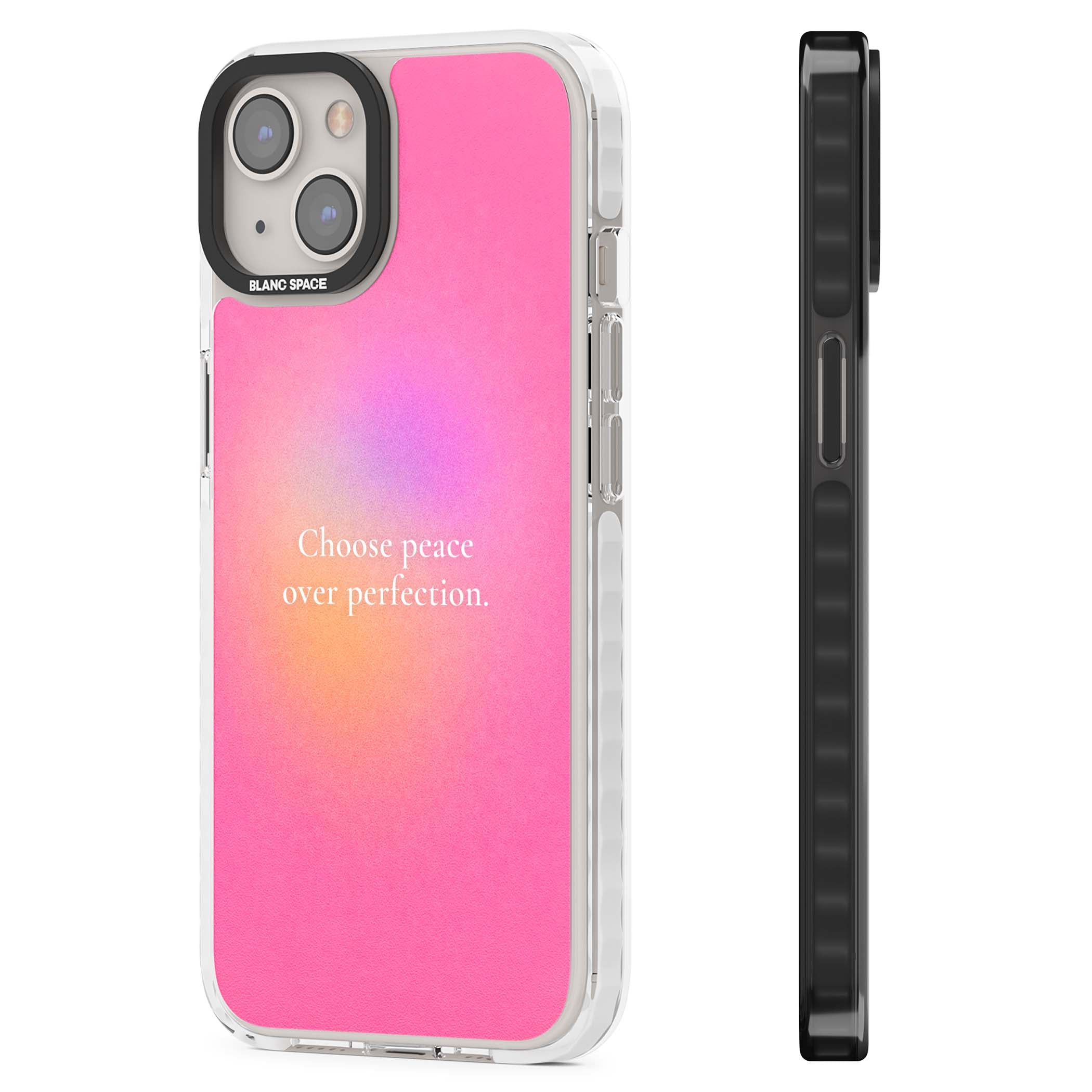Peace Over Perfection quote iPhone case featuring a dreamy pink aura gradient and delicate white affirmation text | Impact Magsafe case for iPhone 13, iPhone 14, iPhone 15