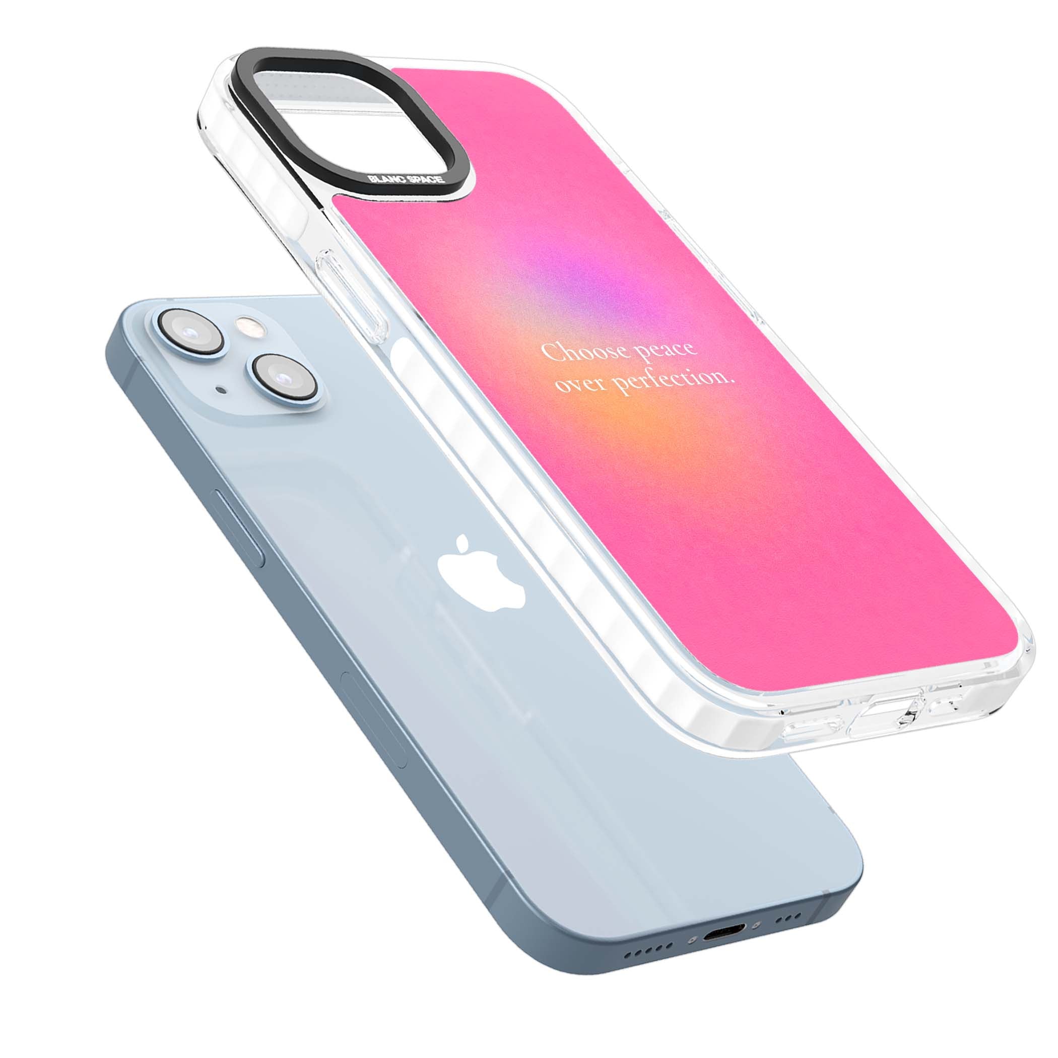 Peace Over Perfection quote iPhone case featuring a dreamy pink aura gradient and delicate white affirmation text | Impact Magsafe case for iPhone 13, iPhone 14, iPhone 15