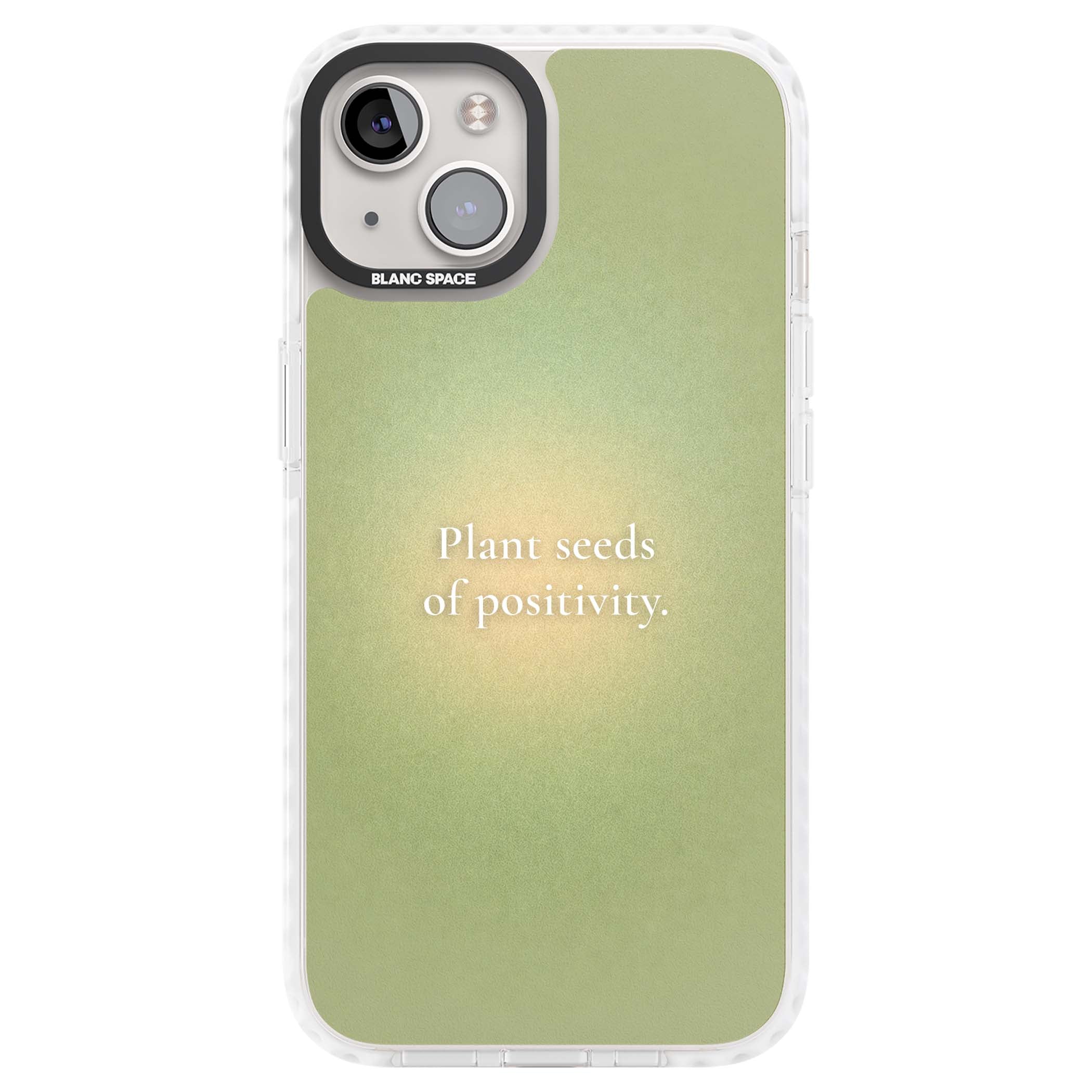 Seeds of Positivity quote iPhone case featuring a sage green aura gradient and golden glow affirmation | Impact Magsafe case for iPhone 13, iPhone 14, iPhone 15