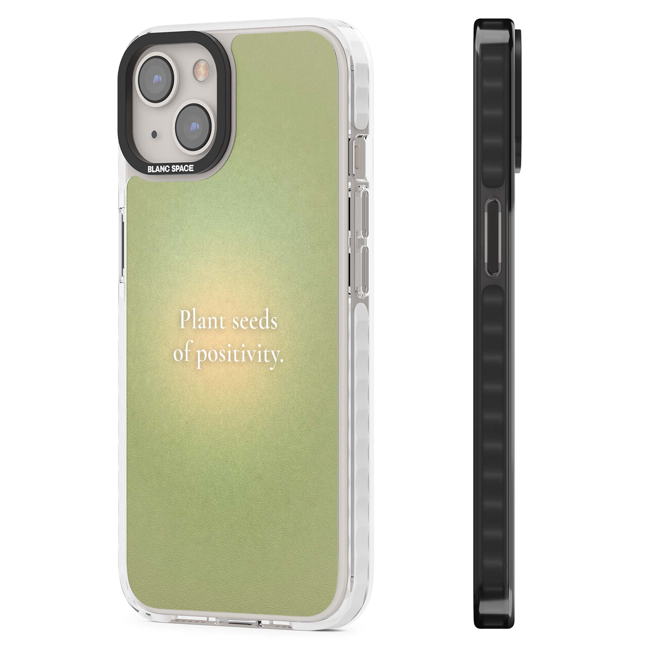 Seeds of Positivity quote iPhone case featuring a sage green aura gradient and golden glow affirmation | Impact Magsafe case for iPhone 13, iPhone 14, iPhone 15