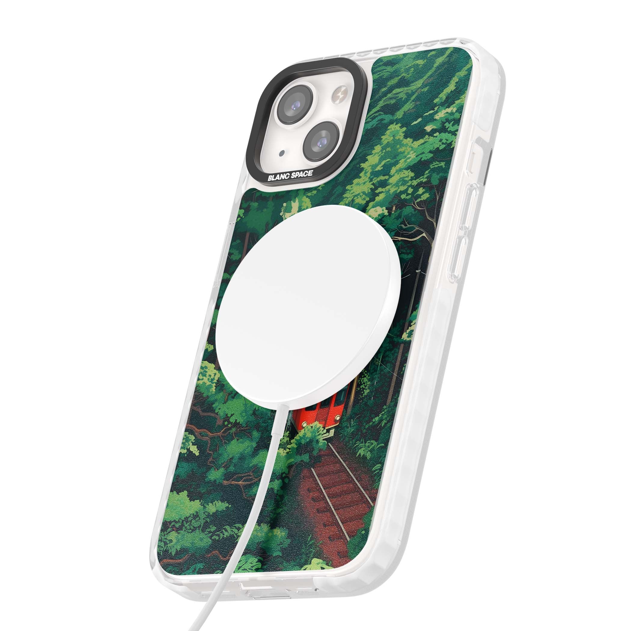 Railway In Toyama Japanese iPhone case featuring a red train, cedar forest and winding mountain railway tracks | Impact Magsafe case for iPhone 13, iPhone 14, iPhone 15