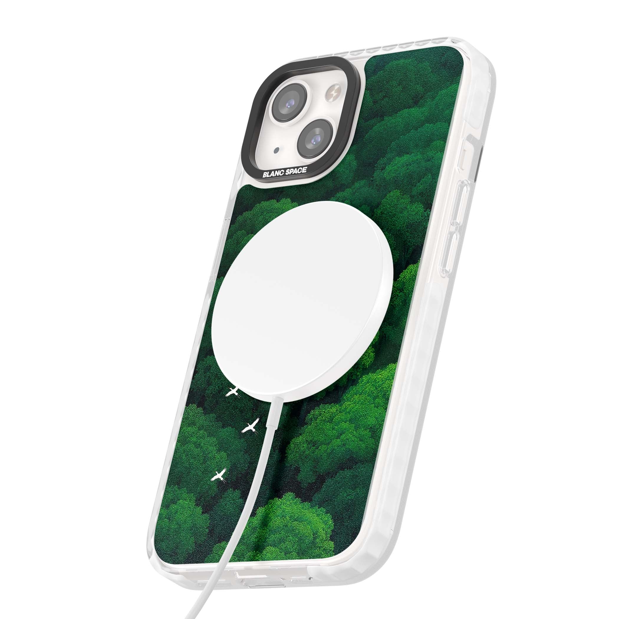 Grove Migration forest iPhone case featuring white cranes flying over lush green treetop canopy | Impact Magsafe case for iPhone 13, iPhone 14, iPhone 15
