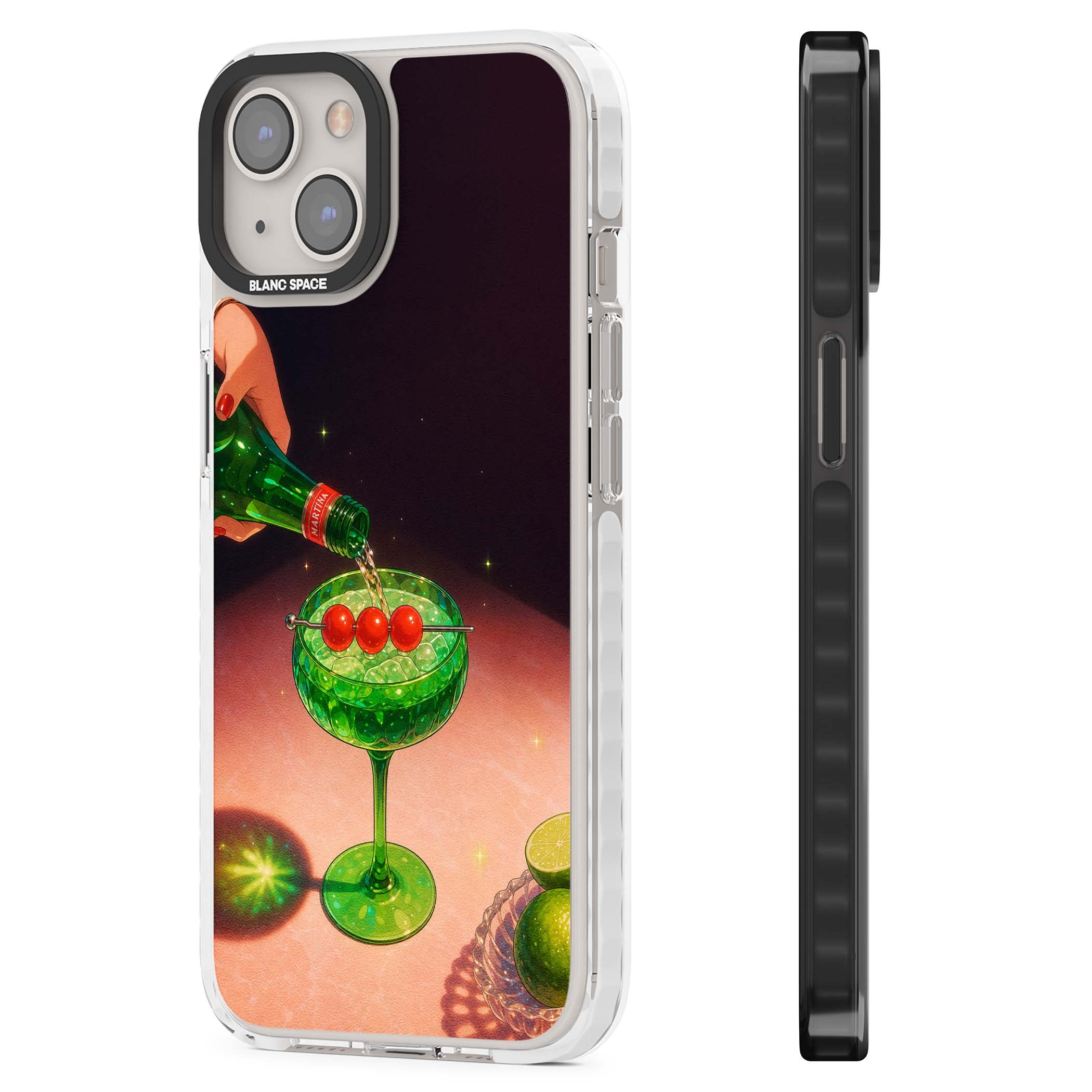 Absinthe Hour cocktail iPhone case featuring a green coupe glass, cherry garnish and vintage bottle pour illustration | Impact Magsafe case for iPhone 13, iPhone 14, iPhone 15