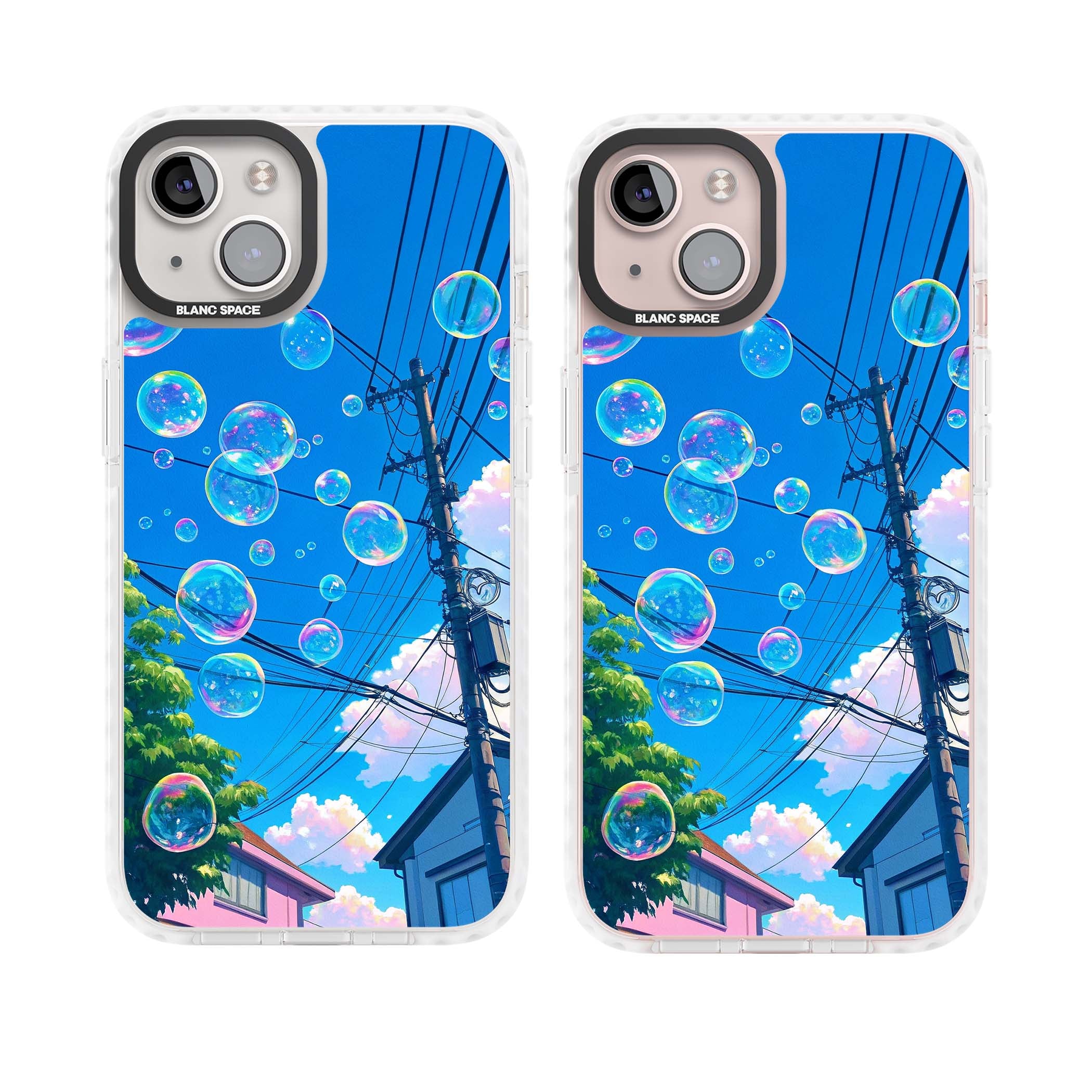 Suburban Bubbles anime iPhone case featuring iridescent soap bubbles, blue sky and Japanese telephone wires | Impact Magsafe case for iPhone 13, iPhone 14, iPhone 15