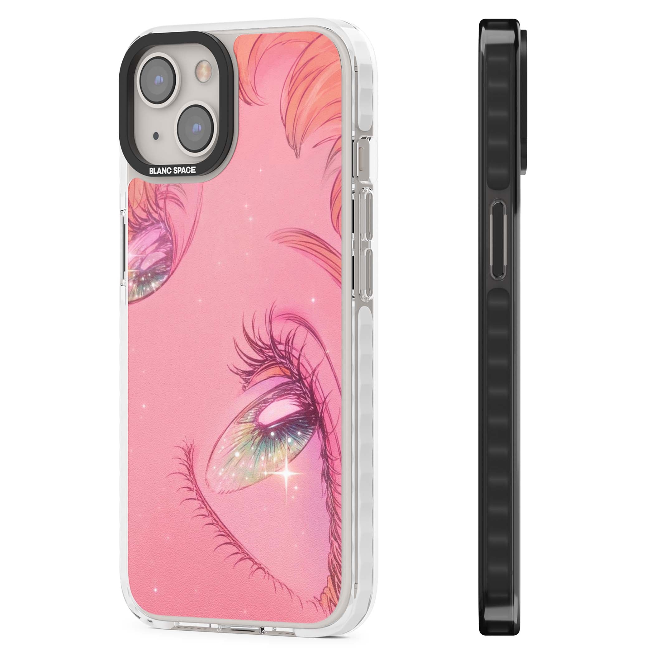 Pink Ethereal Gaze anime iPhone case featuring sparkling manga eyes, coral lashes and dreamy peach sky | Impact Magsafe case for iPhone 13, iPhone 14, iPhone 15