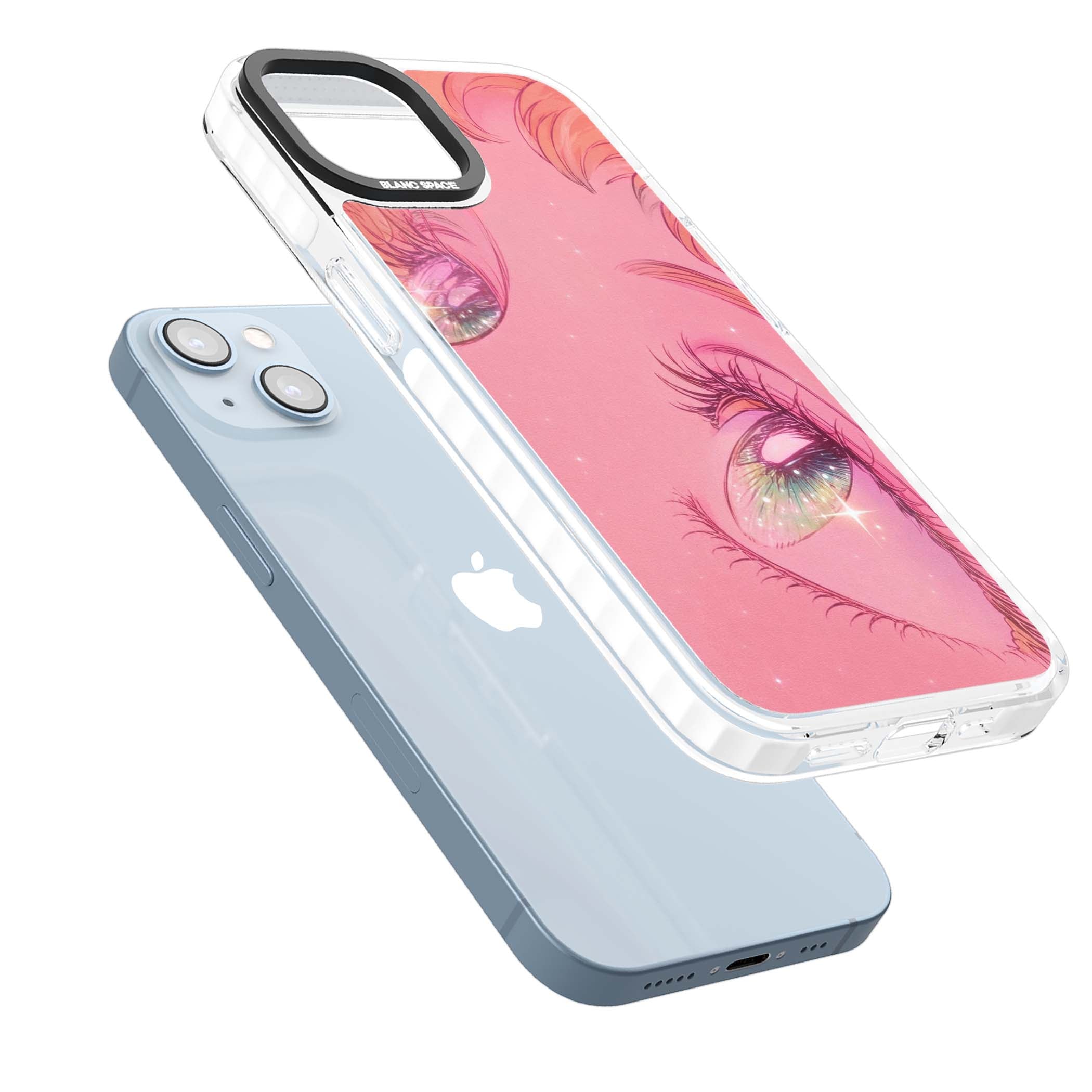 Pink Ethereal Gaze anime iPhone case featuring sparkling manga eyes, coral lashes and dreamy peach sky | Impact Magsafe case for iPhone 13, iPhone 14, iPhone 15