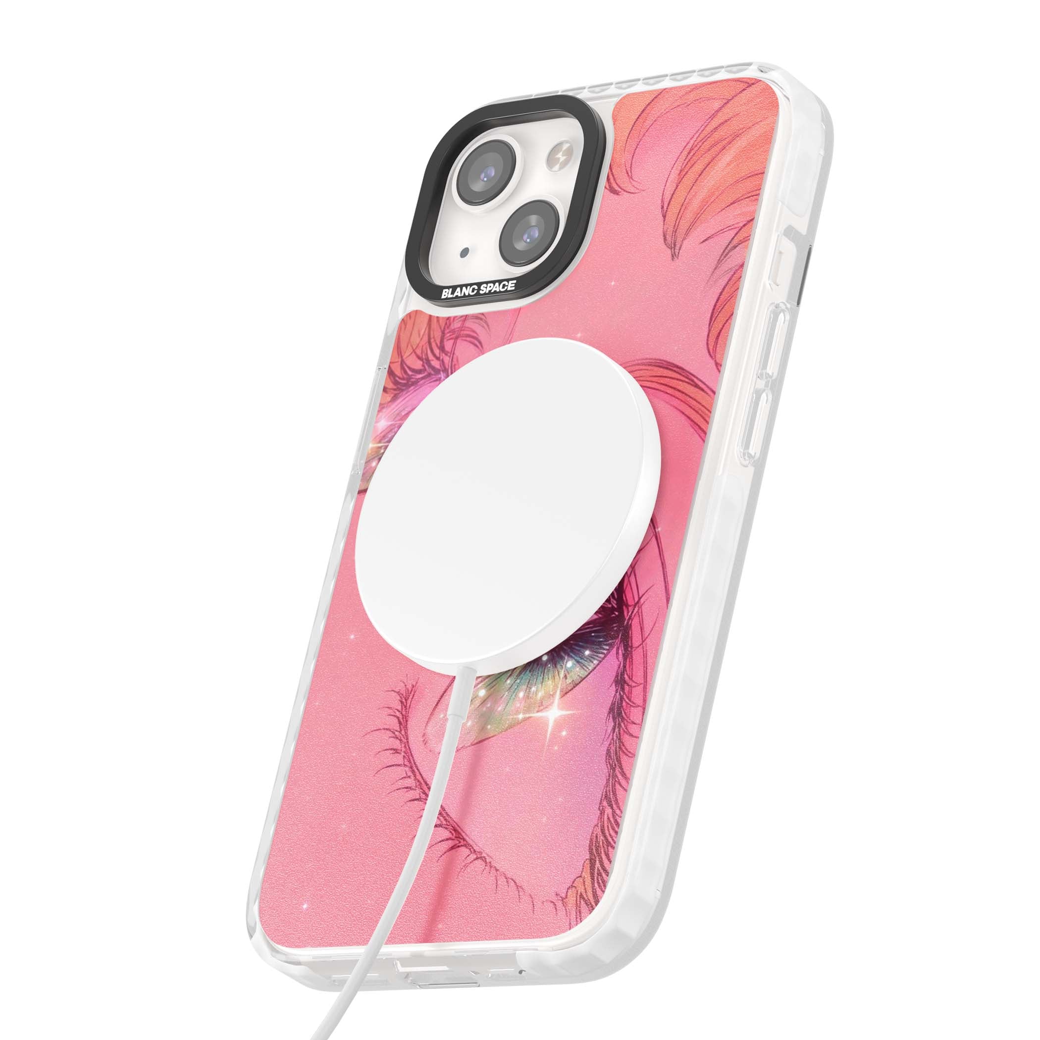 Pink Ethereal Gaze anime iPhone case featuring sparkling manga eyes, coral lashes and dreamy peach sky | Impact Magsafe case for iPhone 13, iPhone 14, iPhone 15