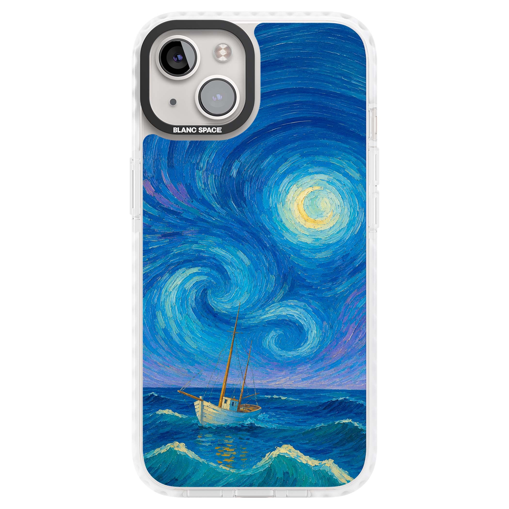 Moonlit Tide Van Gogh art iPhone case featuring swirling starry night sky, glowing moon and lone sailing boat at sea | Impact Magsafe case for iPhone 13, iPhone 14, iPhone 15
