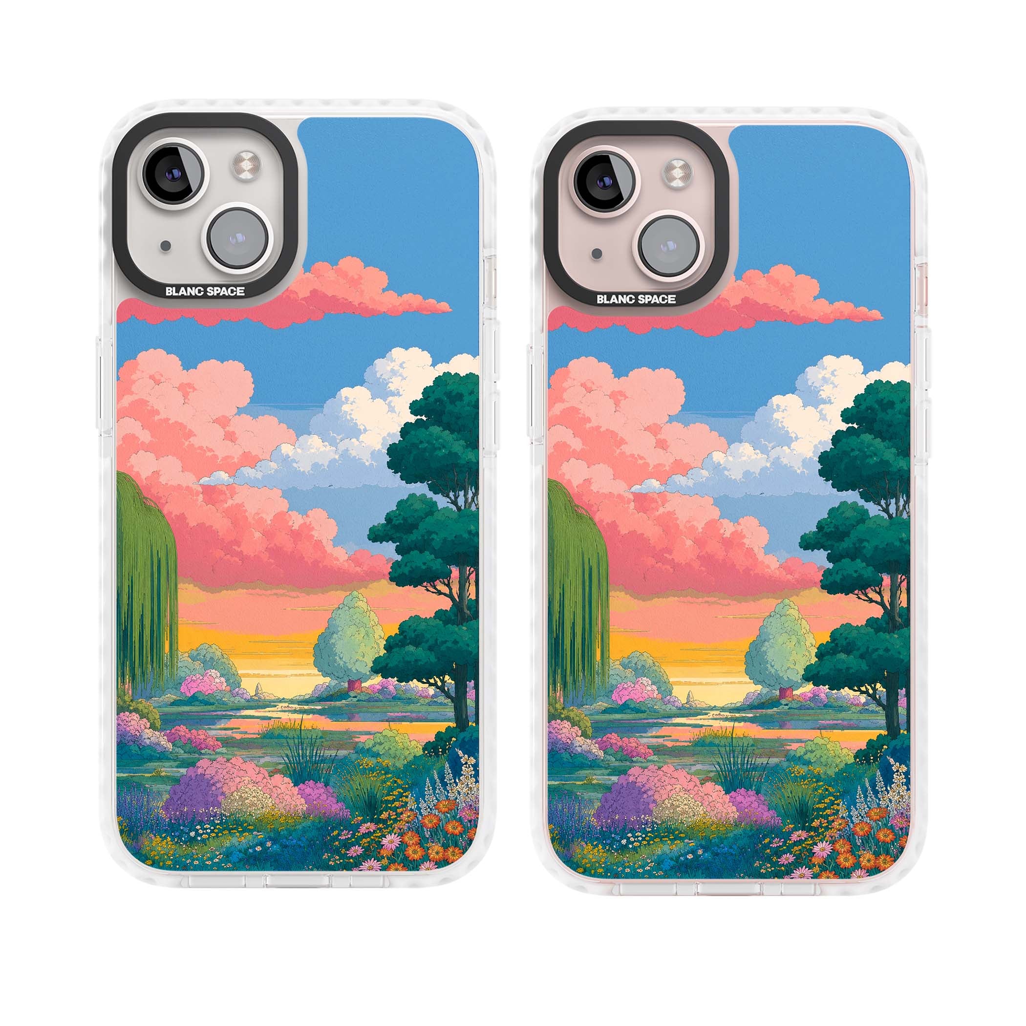 Dream Valley anime landscape iPhone case featuring pink sunset clouds, willow trees and wildflowers | Impact Magsafe case for iPhone 13, iPhone 14, iPhone 15