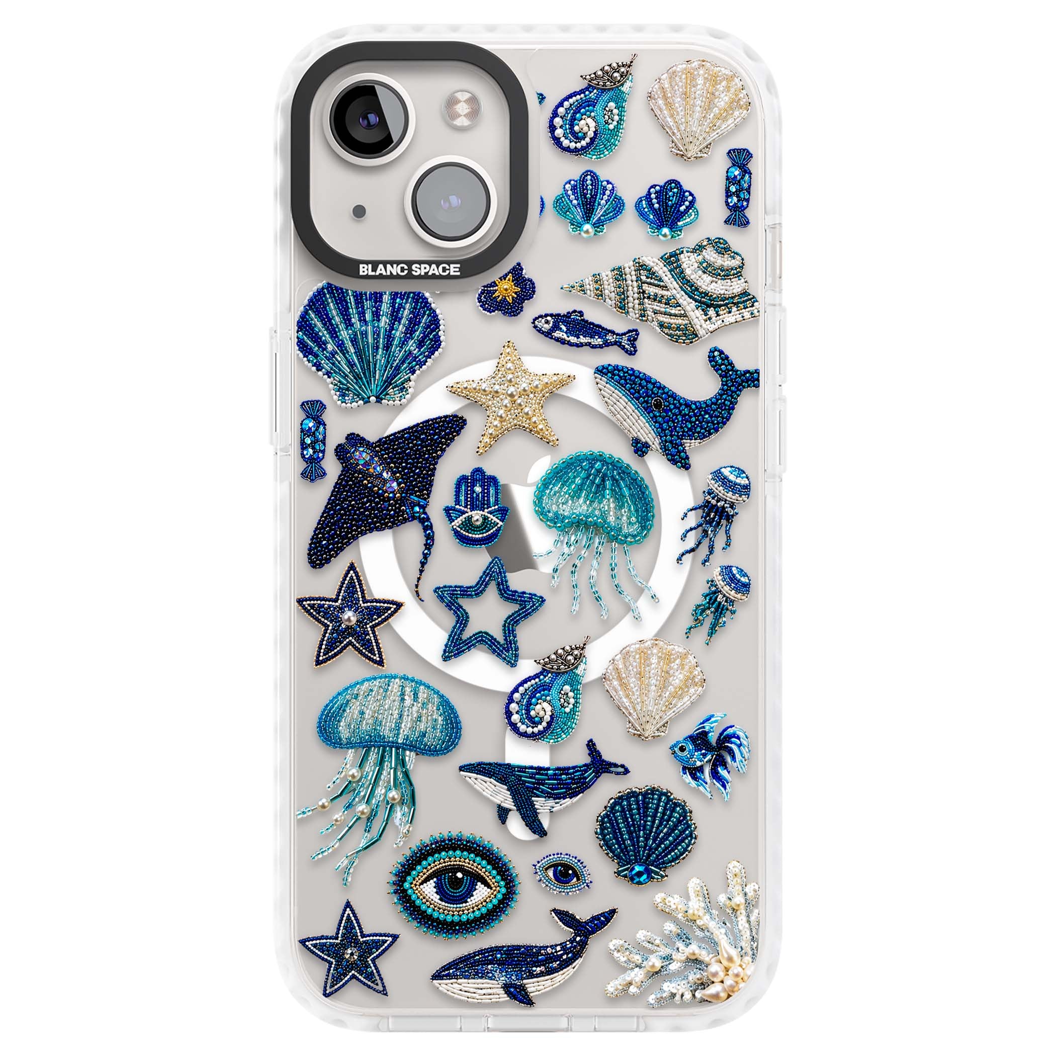 Beaded Coastal coastal iPhone case featuring embroidered seashells, jellyfish and a blue whale on clear | Impact Magsafe case for iPhone 13, iPhone 14, iPhone 15