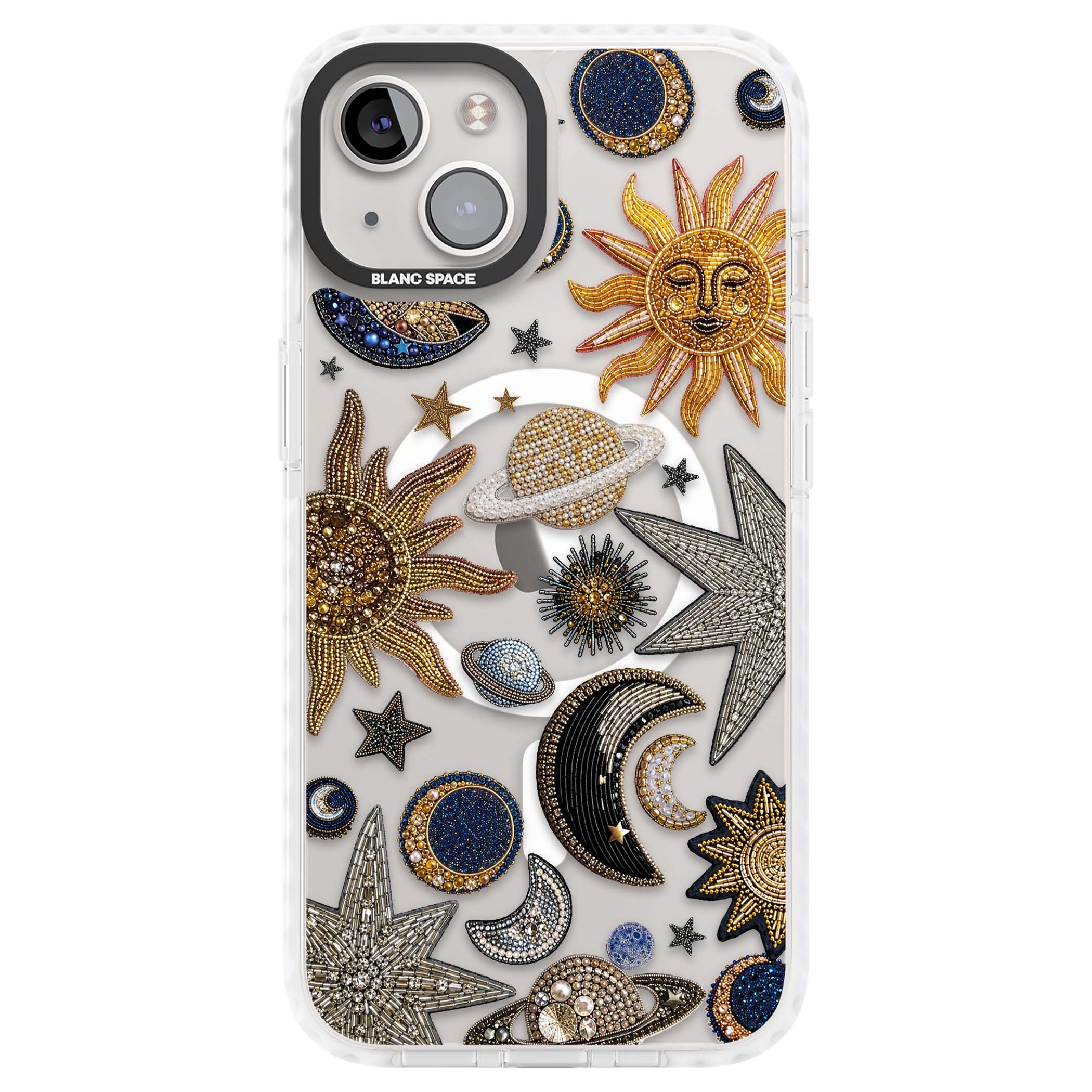 Beaded Cosmos celestial iPhone case featuring embroidered golden suns, beaded planets and silver shooting stars | Impact Magsafe case for iPhone 13, iPhone 14, iPhone 15
