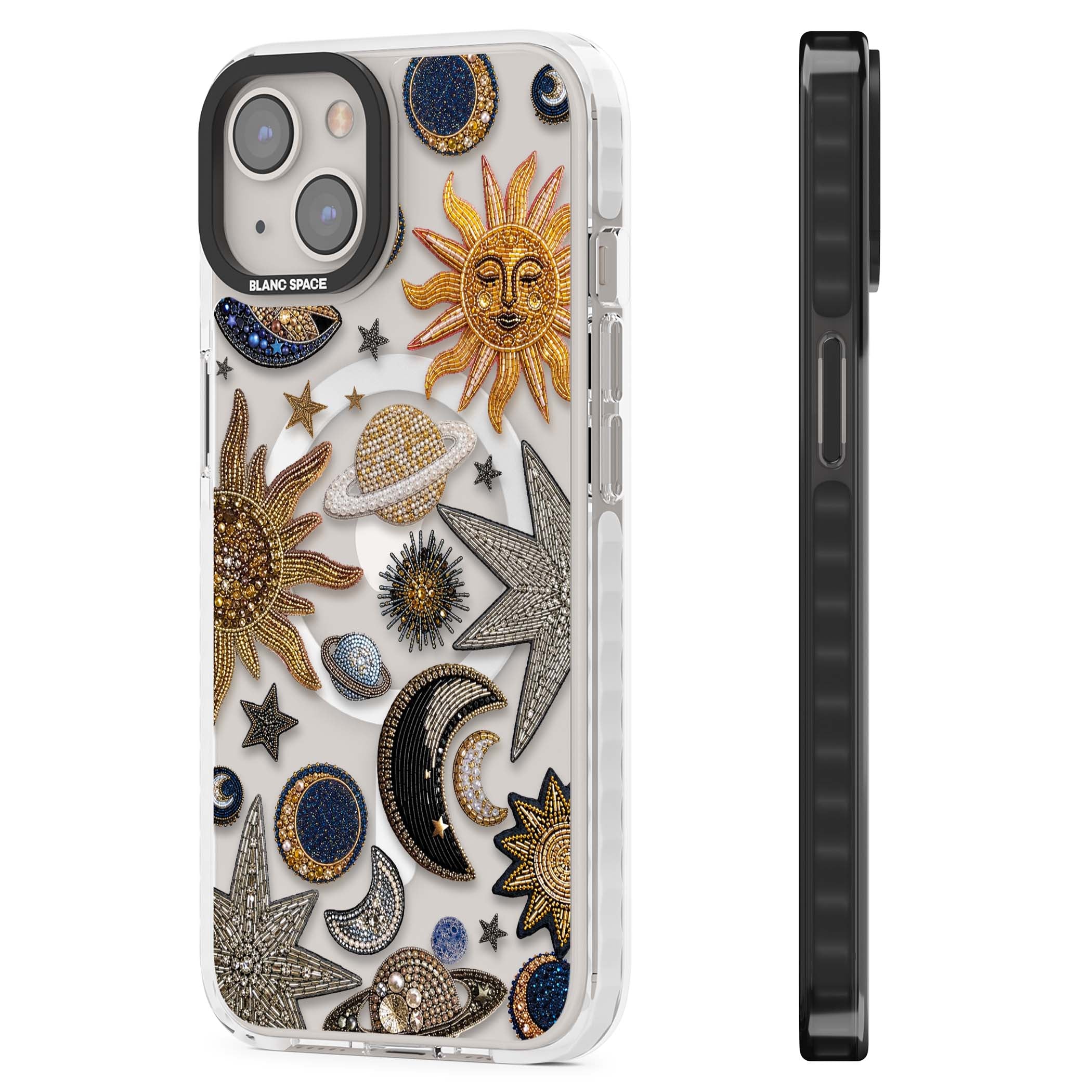 Beaded Cosmos celestial iPhone case featuring embroidered golden suns, beaded planets and silver shooting stars | Impact Magsafe case for iPhone 13, iPhone 14, iPhone 15
