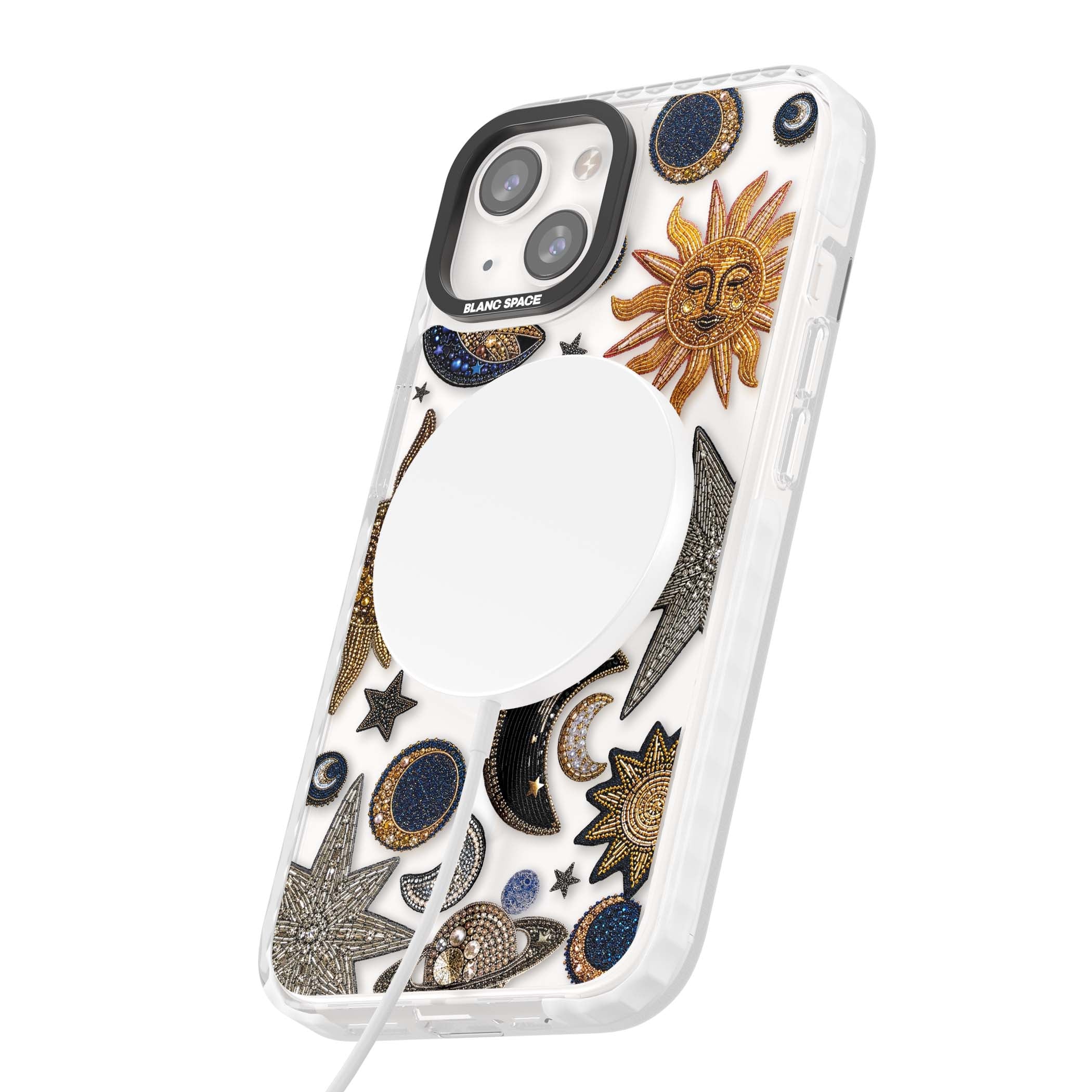 Beaded Cosmos celestial iPhone case featuring embroidered golden suns, beaded planets and silver shooting stars | Impact Magsafe case for iPhone 13, iPhone 14, iPhone 15