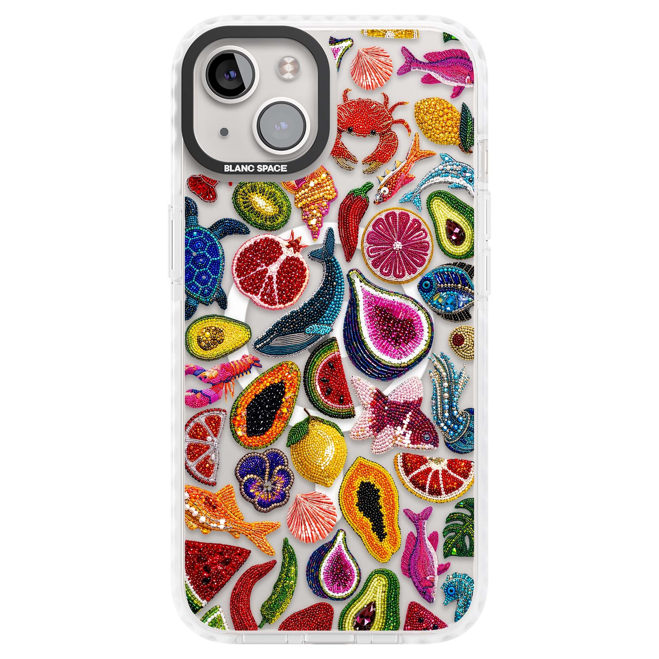Beaded Tropic tropical iPhone case featuring beaded fruit, fish, crabs and seashells in vibrant colour | Impact Magsafe case for iPhone 13, iPhone 14, iPhone 15