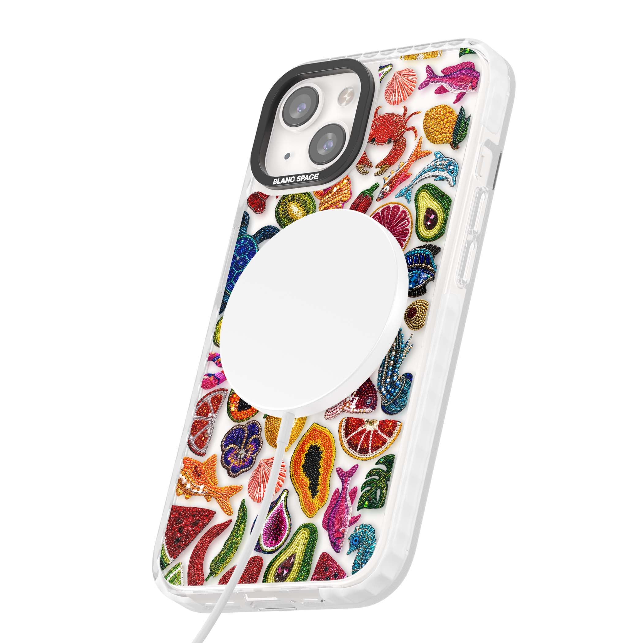 Beaded Tropic tropical iPhone case featuring beaded fruit, fish, crabs and seashells in vibrant colour | Impact Magsafe case for iPhone 13, iPhone 14, iPhone 15