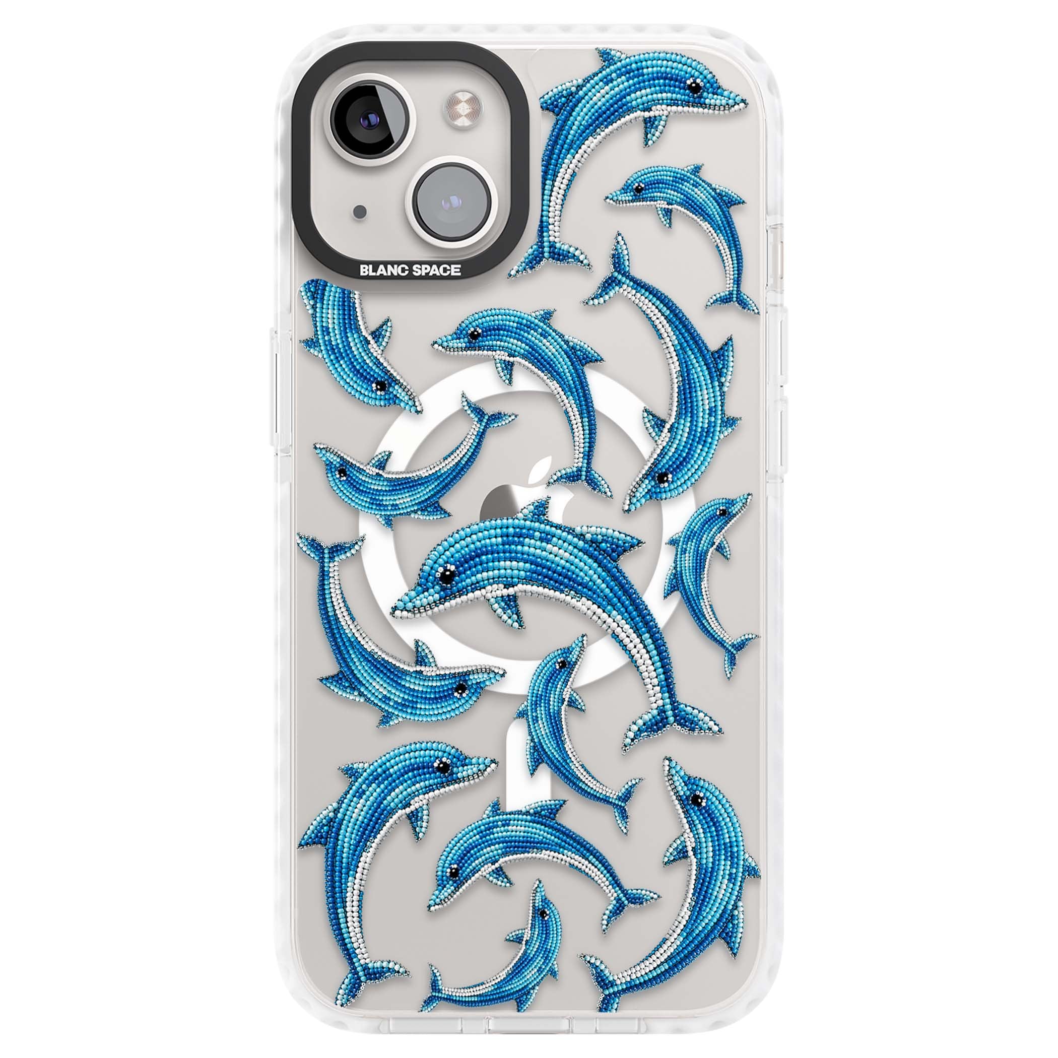 Beaded Dolphins coastal iPhone case featuring beaded dolphins in blue and white swimming across a clear background | Impact Magsafe case for iPhone 13, iPhone 14, iPhone 15