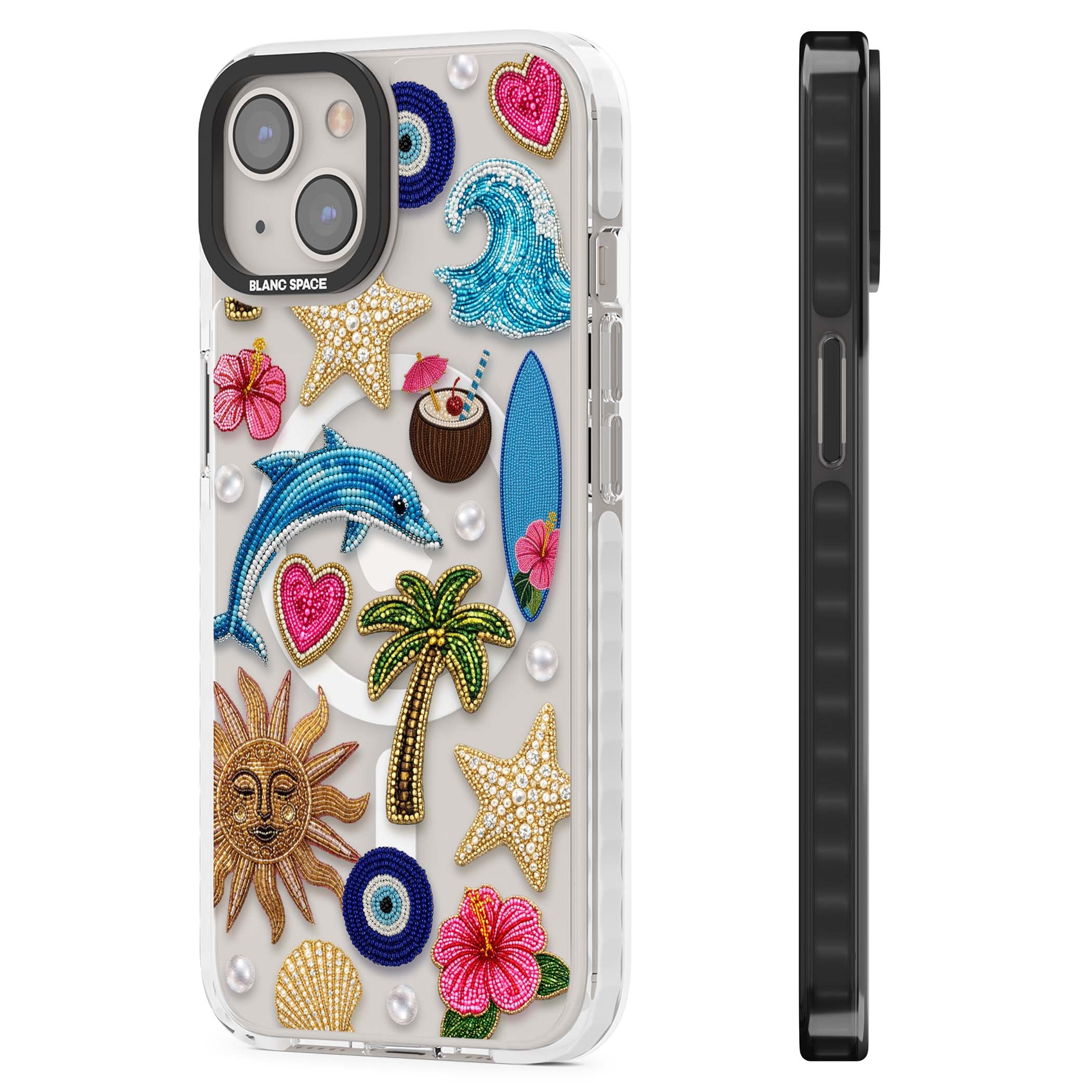 Beaded Beach coastal summer iPhone case featuring embroidered evil eye, hibiscus flowers, dolphin and palm tree patches | Impact Magsafe case for iPhone 13, iPhone 14, iPhone 15