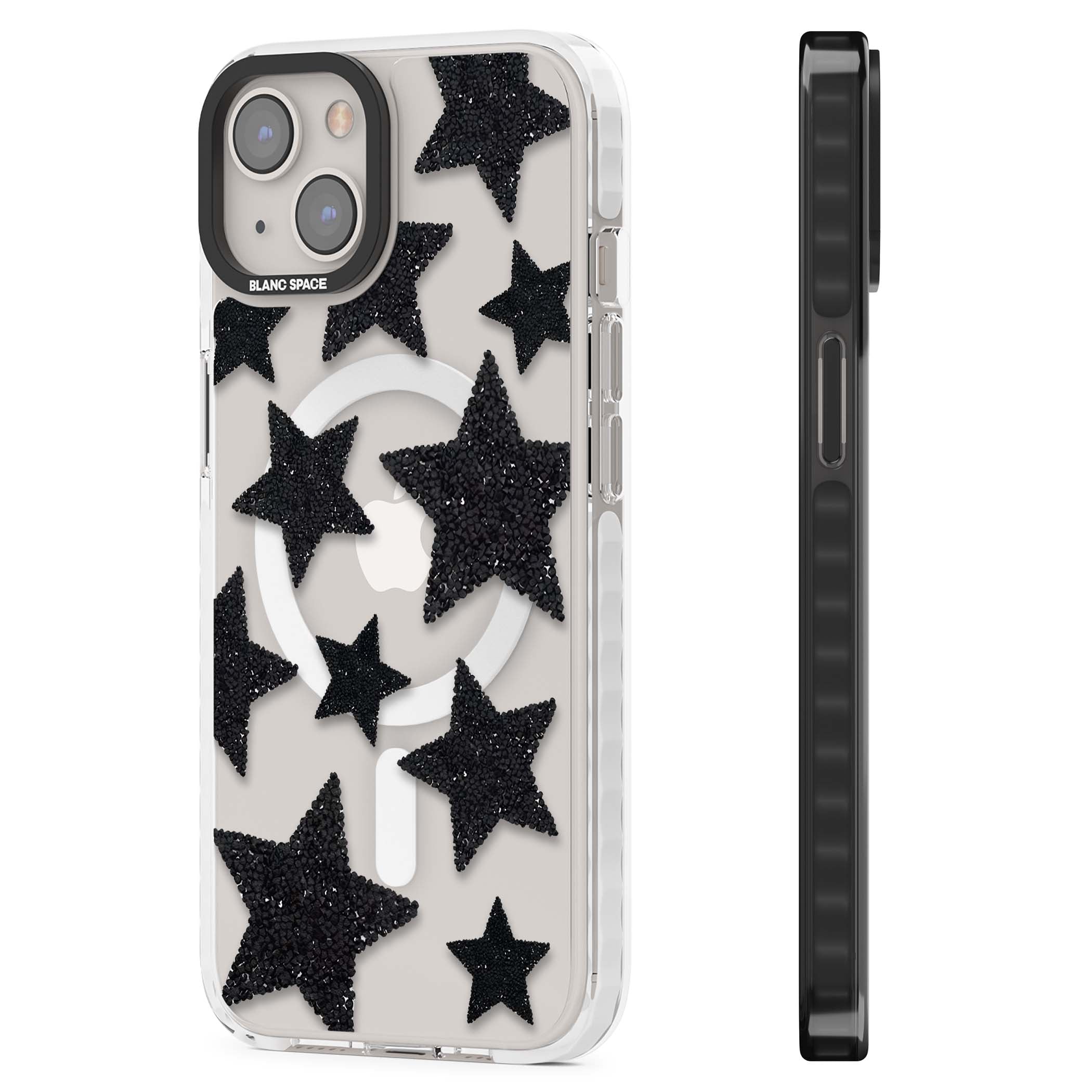 Beaded Black Stars celestial iPhone case featuring black glitter beaded stars scattered on a clear background | Impact Magsafe case for iPhone 13, iPhone 14, iPhone 15