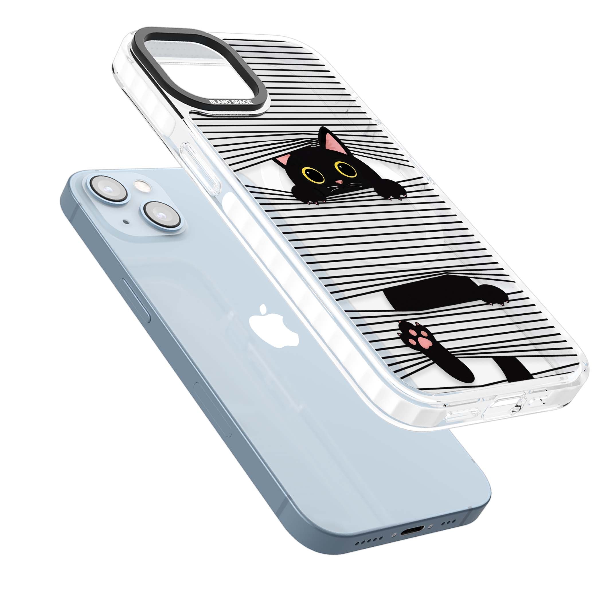 Peek-a-Boo Cat minimal iPhone case featuring black cat peeking through horizontal black and white stripes | Impact Magsafe case for iPhone 13, iPhone 14, iPhone 15
