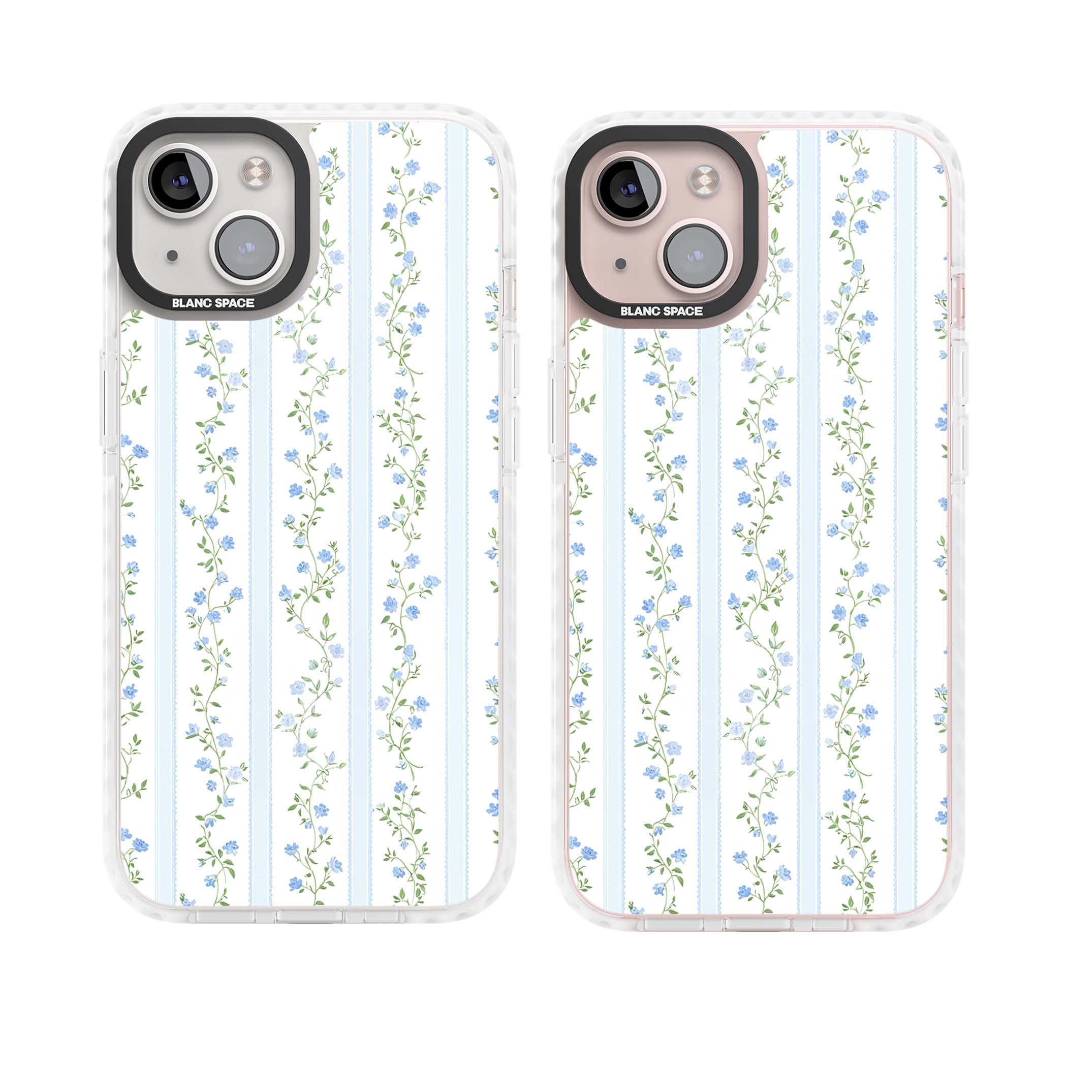Bluebell Vine cottagecore iPhone case featuring climbing blue roses, trailing green vines, and pale ticking stripes | Impact Magsafe case for iPhone 13, iPhone 14, iPhone 15