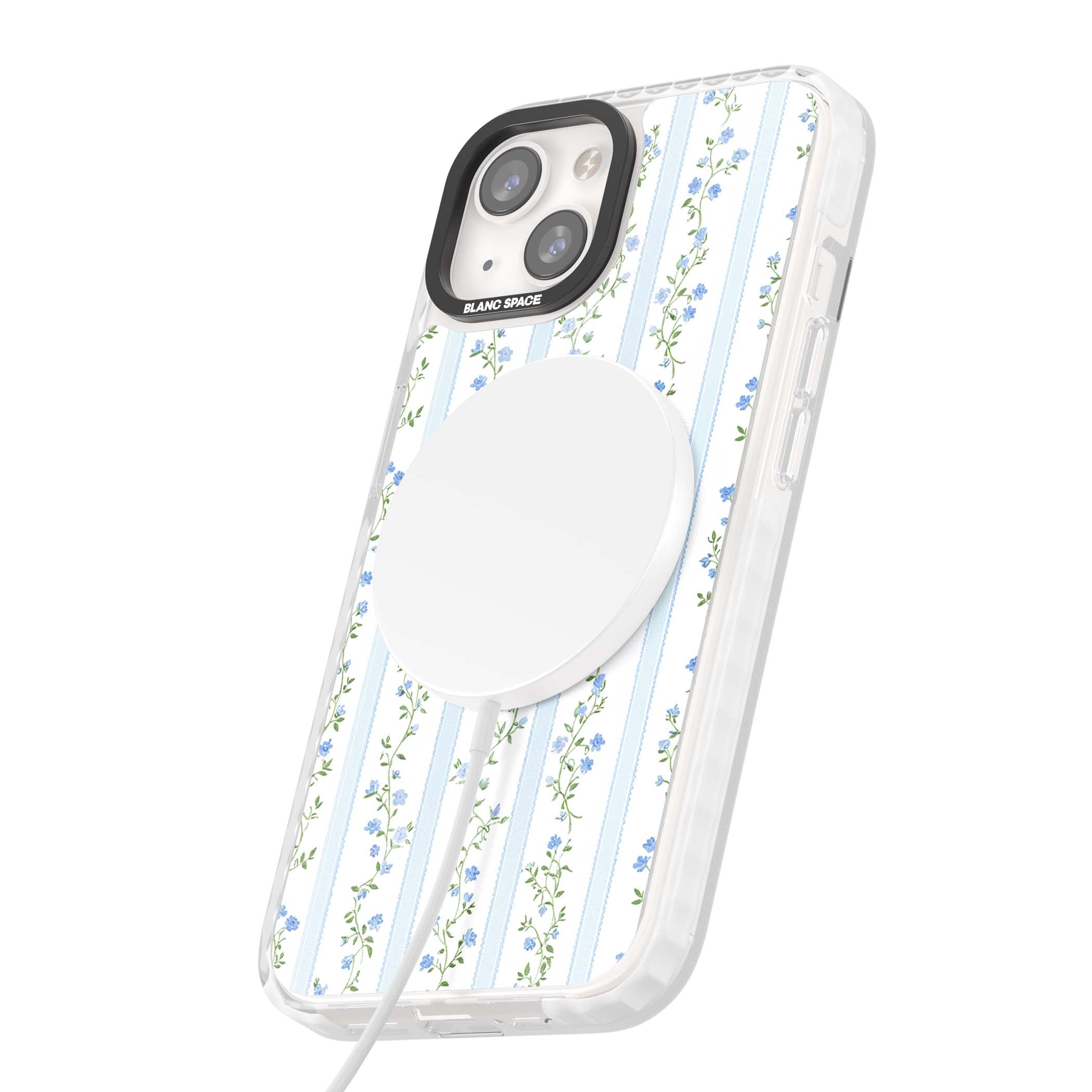 Bluebell Vine cottagecore iPhone case featuring climbing blue roses, trailing green vines, and pale ticking stripes | Impact Magsafe case for iPhone 13, iPhone 14, iPhone 15