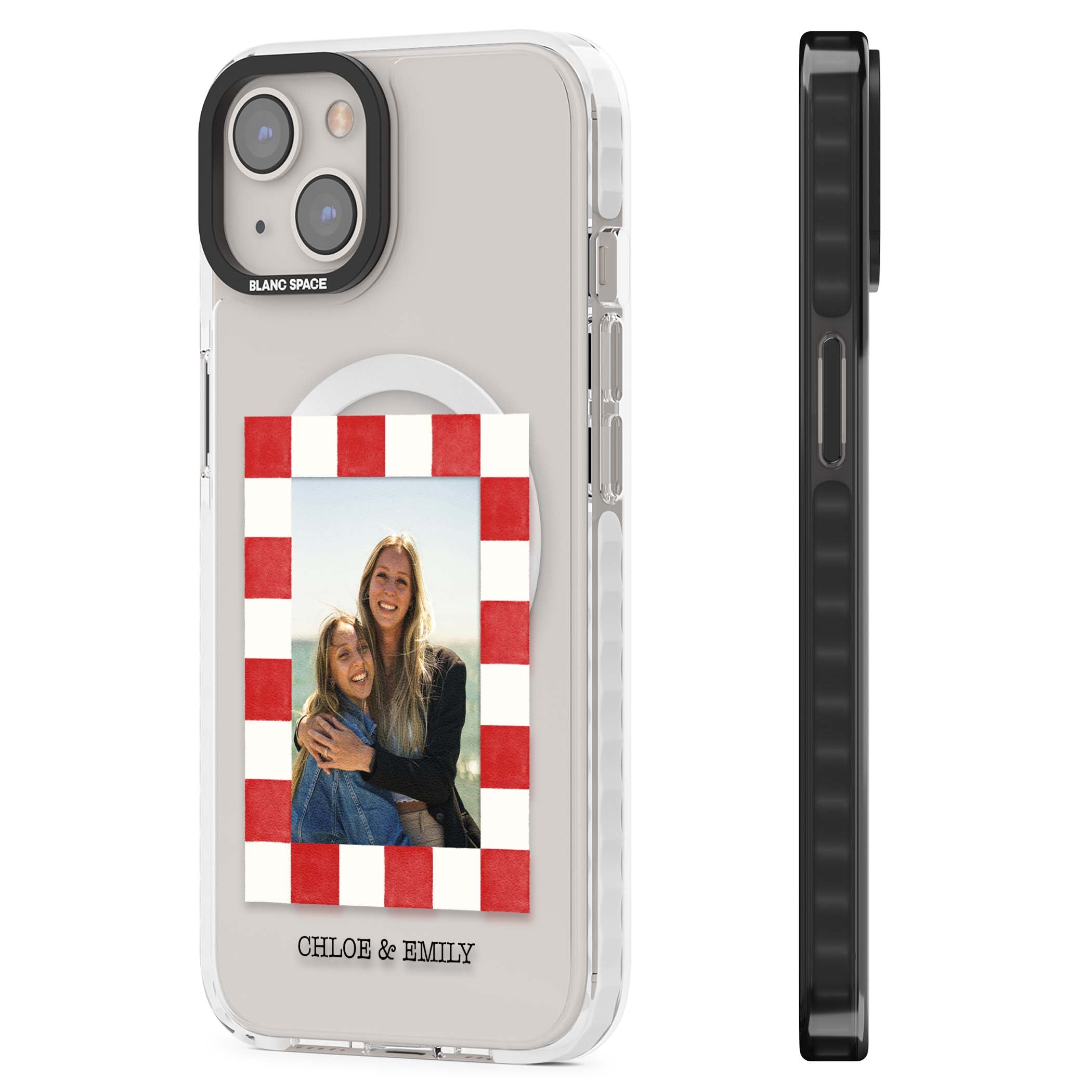 Red Check Photo personalised photo iPhone case with red and white checkered polaroid frame and custom couple name | Impact Magsafe case for iPhone 13, iPhone 14, iPhone 15