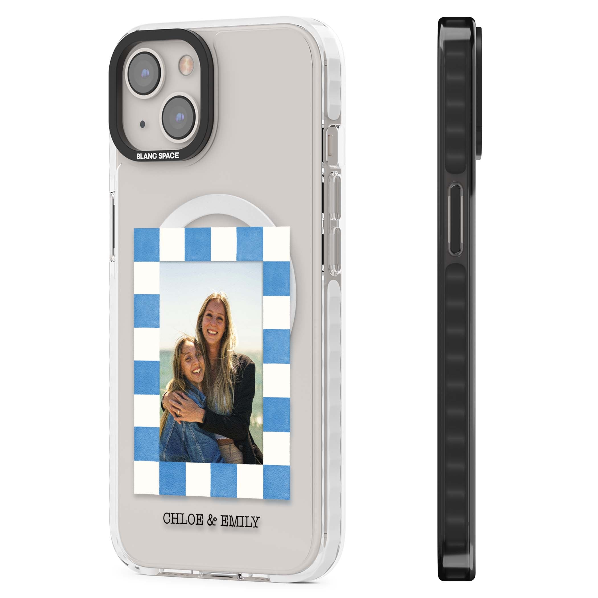 Blue Check Photo personalised photo iPhone case with blue checkered frame and custom couple names | Impact Magsafe case for iPhone 13, iPhone 14, iPhone 15